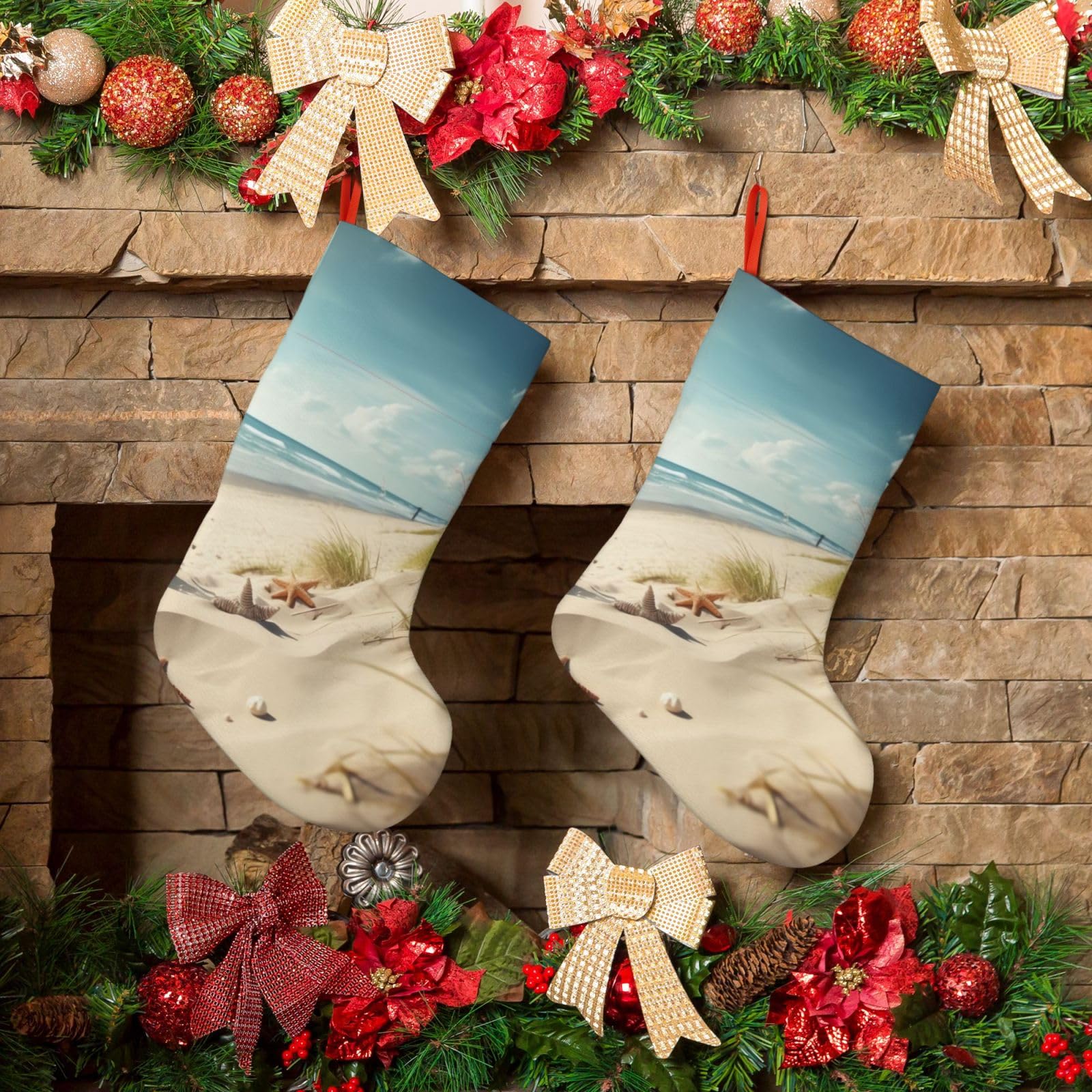 Beach Seaside Christmas Stockings 18 Inches Velvet Xmas Fireplace Hanging Stocking Rustic Christmas Santa Stockings for Home Christmas Decorations Party Favor Supplies