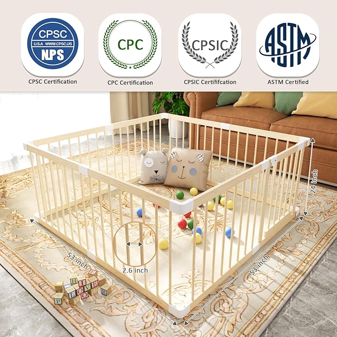 Image of a secure wooden playpen with a closed door and small slat spacing