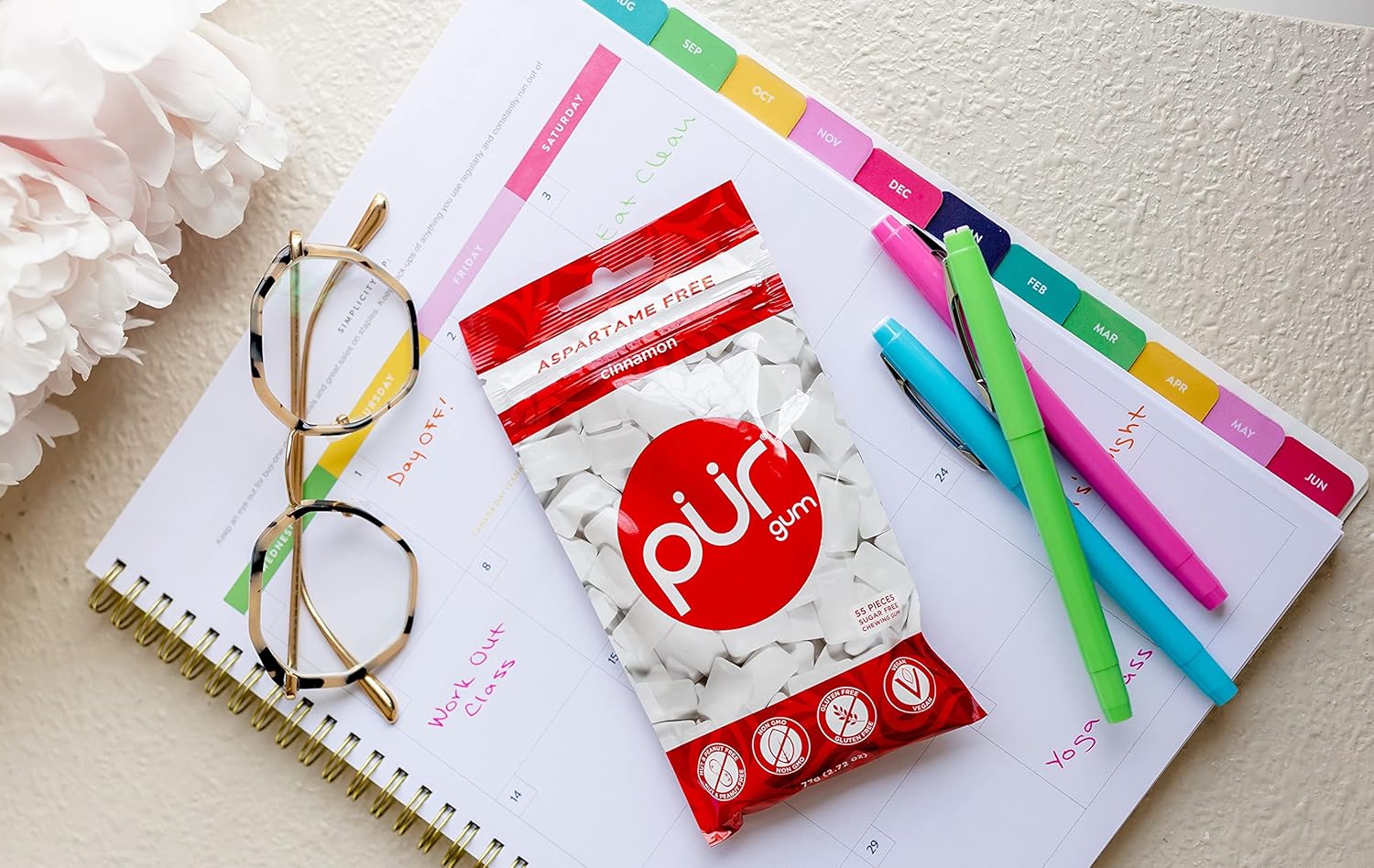 PUR Gum | Sugar Free Chewing Gum | 100% Xylitol | Vegan, Aspartame Free, Gluten Free & Diabetic Friendly | Natural Cinnamon Flavored Gum, 55 Pieces (Pack of 1) : Grocery & Gourmet Food