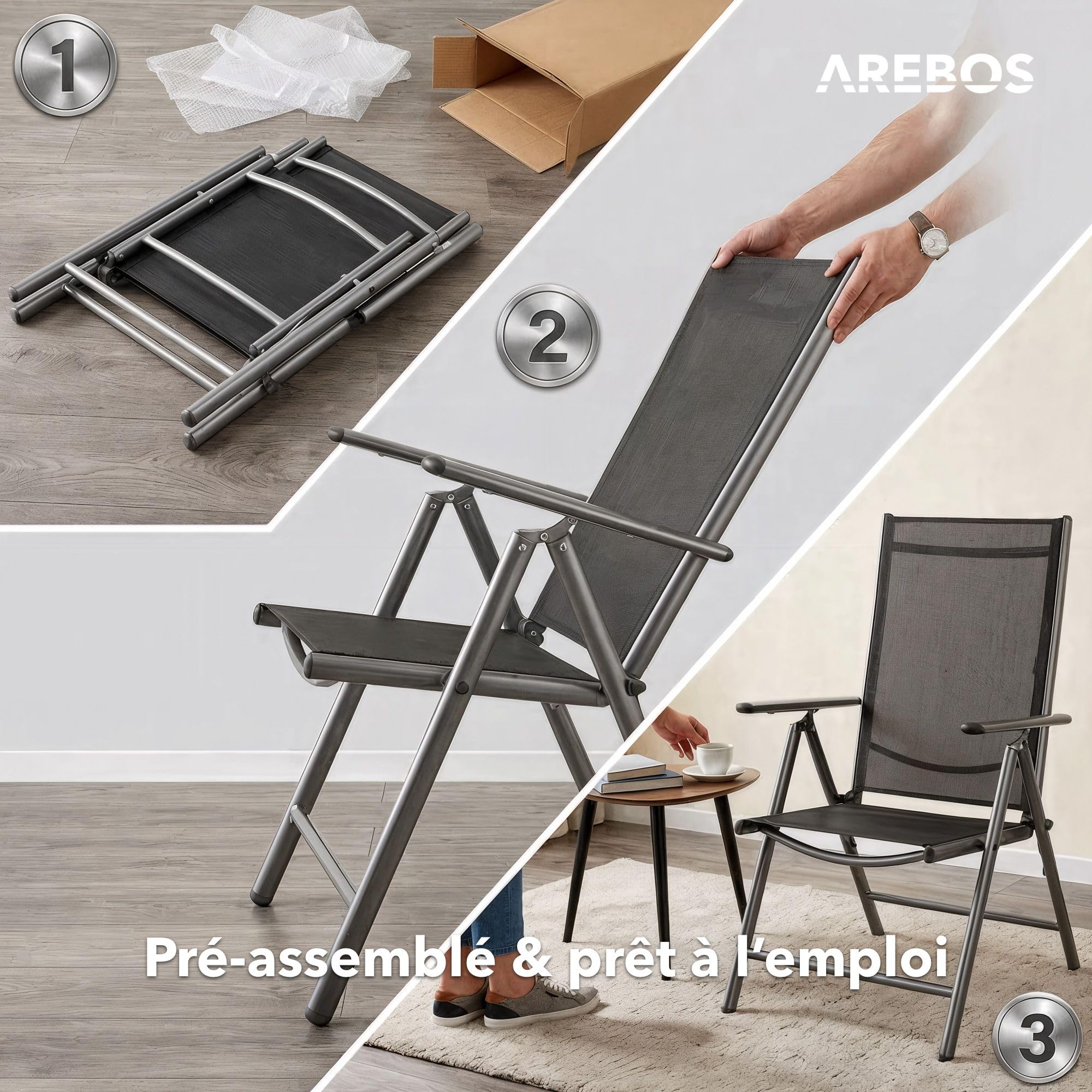 AREBOS Lot de 4 Chaises de Jardin Pliables à Dossier Haut | Dossier Réglable 7 Positions Jusqu’à 150° | Aluminium | Résistantes aux Intempéries et UV | Charge 120 kg
