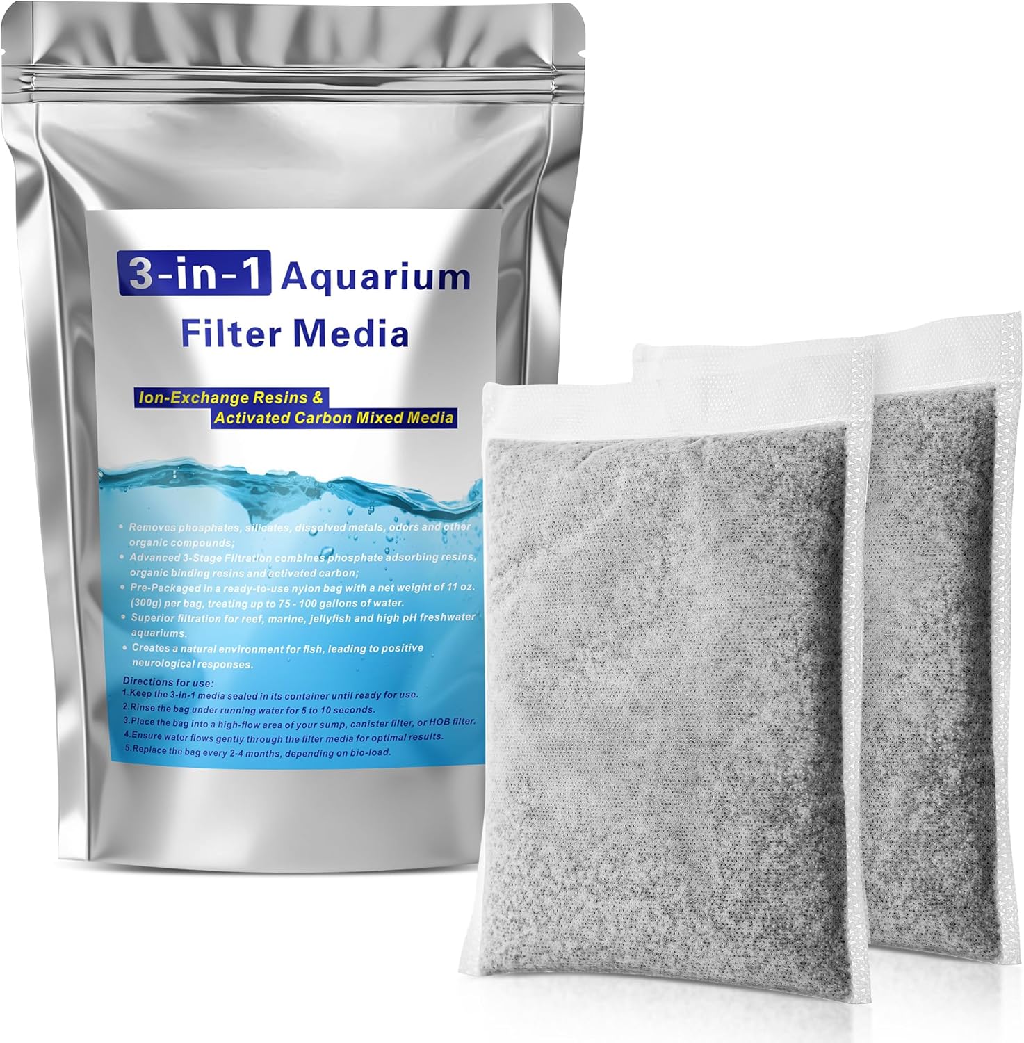 2 Pack 11oz Aquarium Filtration Media, Extruded Carbon & Ion Exchange Resin in Nylon Bags, Treats 75-100 Gallons Per Bag, Removes Phosphates & Metals for Reef, Marine, Jellyfish & High pH Aquariums