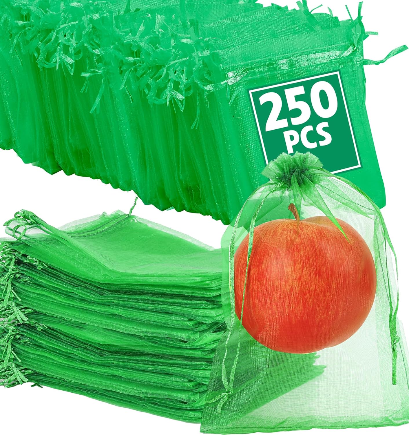 250 Pcs Fruit Protection Bags, 6.5×9 Inches Fruit Bags for Fruit Trees, Green Fruit Netting Bags Cover Bags Drawstring Mesh Fruit Protectors Pest Barrier for Tomato Mango Trees Veggies Garden