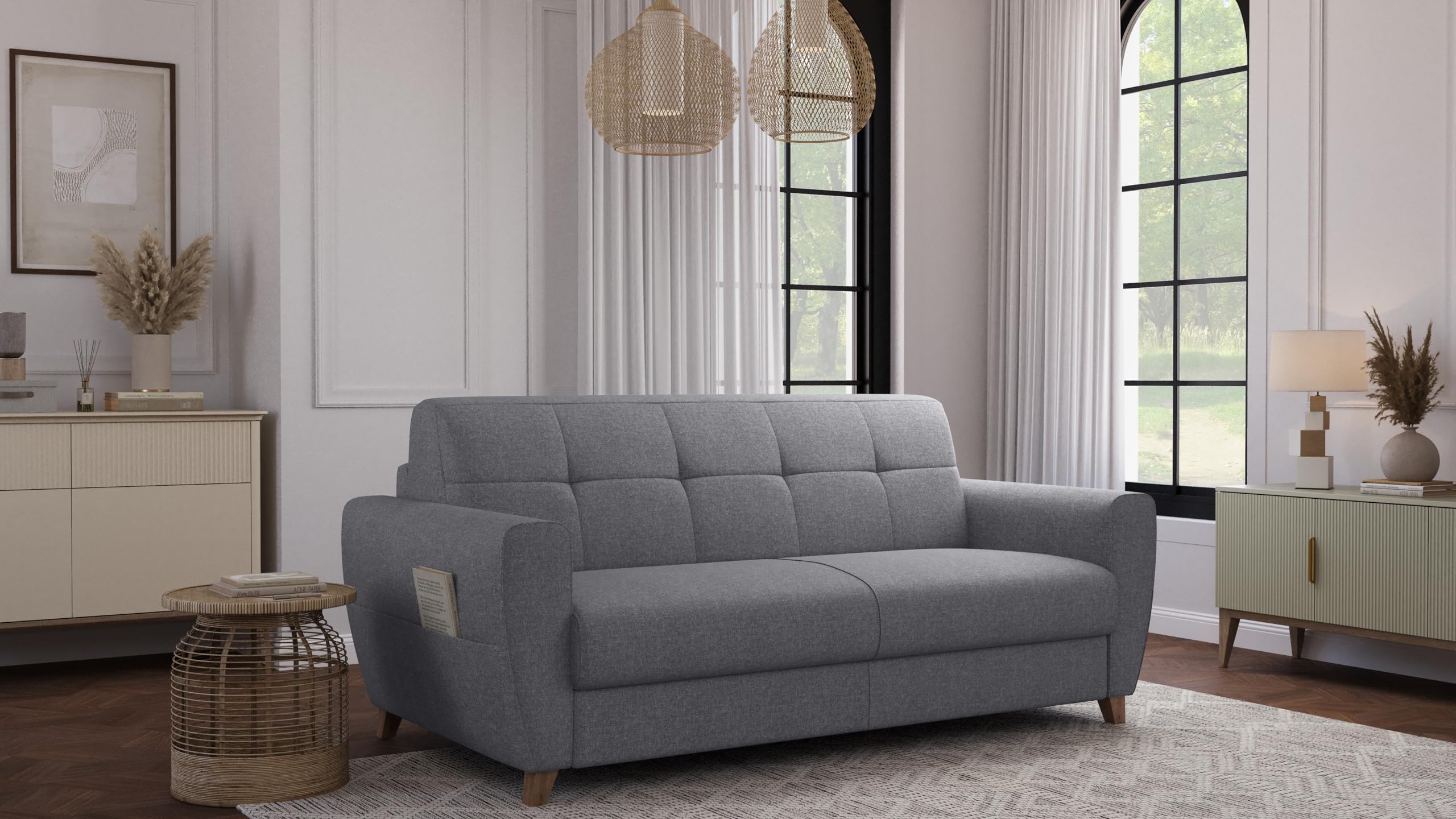 Divano Letto SOLE 3 Posti Struttura in Metallo e Legno Imbottitura in Gomma di Poliuretano Rivestimento in Tessuto Rete Elettrosaldata ad Apertura Rapida Colore: Light grey