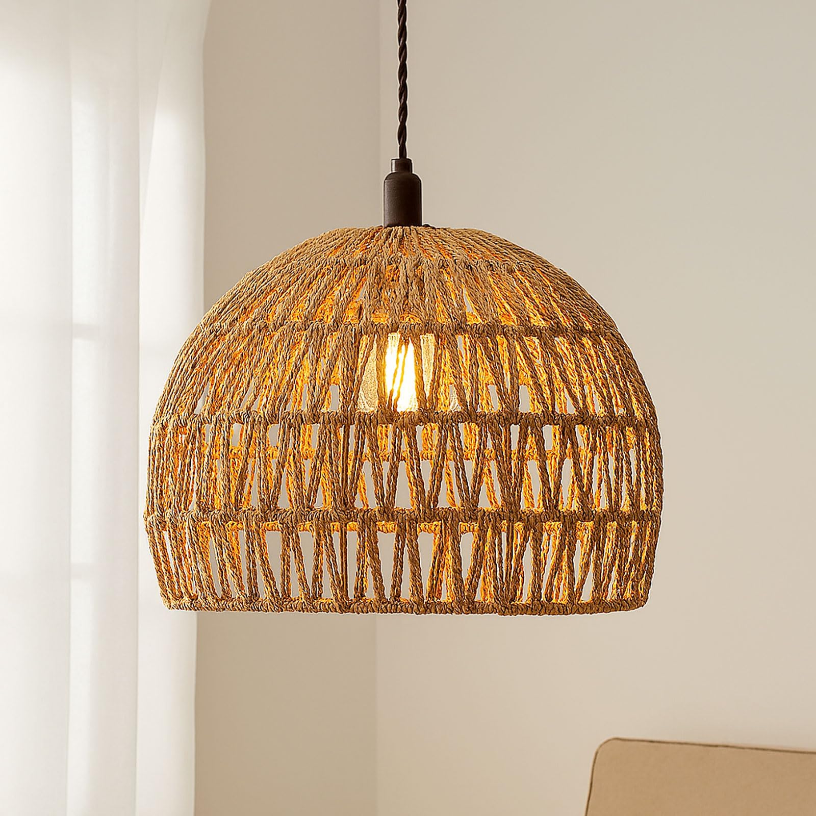 Jute Rope Ceiling Lampshade 28cm, Natural Woven Pendant Shade Only, Hand Woven Boho Lamp Cover, E27 Compatible, Rustic Hanging Light Decoration for Bedroom Living Room Kitchen