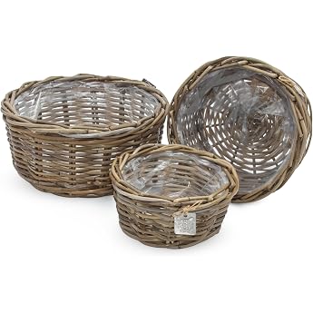 Spetebo Rattan Plant Bowl Set of 3 30/26/21 cm Flower Pot Lined with Foil Garden Decorative Plant Pot Wicker Basket Flower Basket Plant Basket Wicker Basket for Flowers