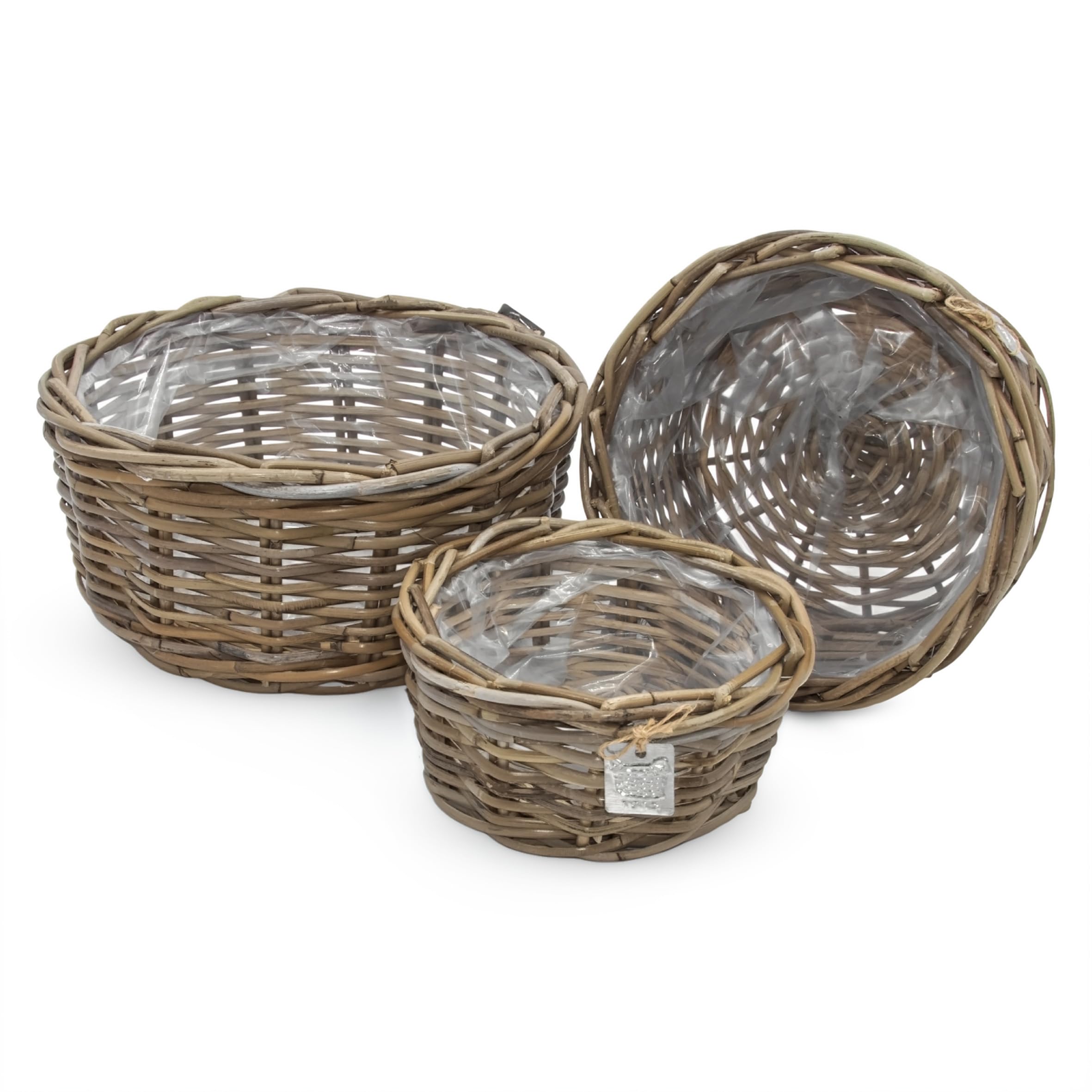 Spetebo Lot de 3 pots de fleurs en rotin - 30/26/21 cm - Pot de fleurs doublé d'un film - Décoration de jardin - Panier à fleurs tressé pour fleurs