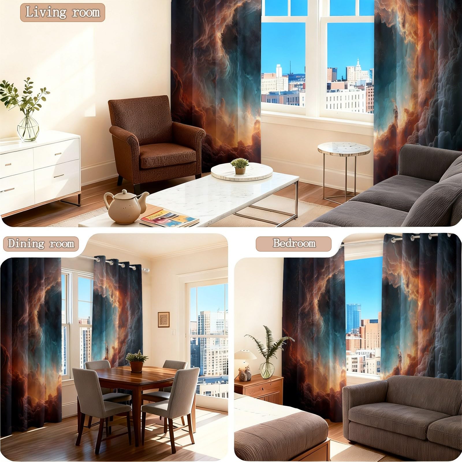Rideau Occultant 85L x 200H cm, Rideaux Thermiques Bleu Univers Fantastique Nébuleuse Nuages avec Oeillets, Rideaux Isolants Anti-Froid pour Salon et Chambre Fenetre Moderne Décoration, Lot de 2