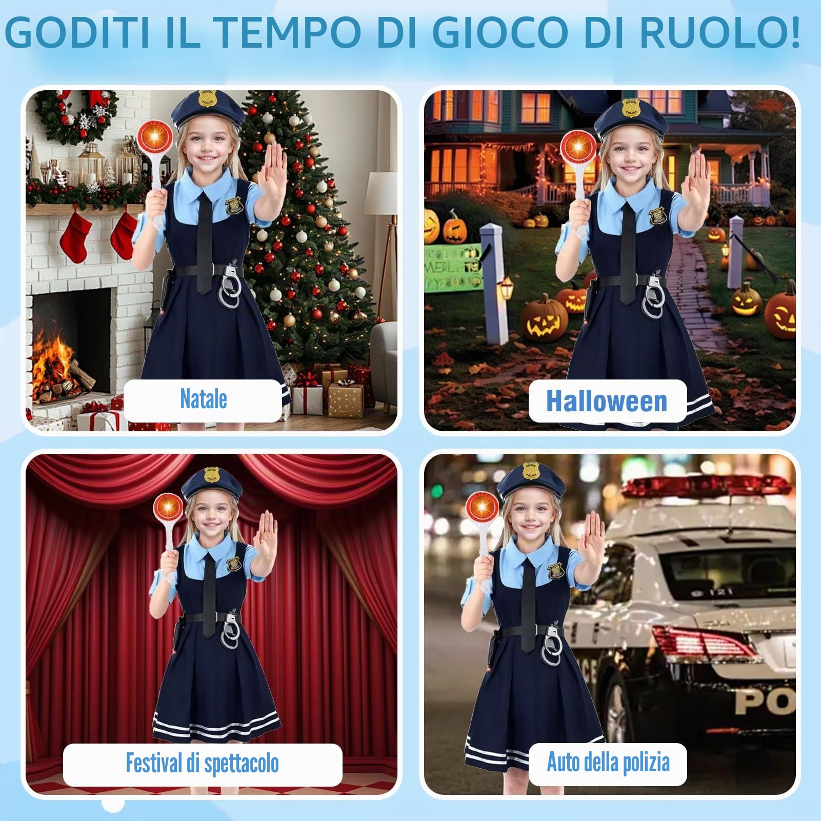 Costume da polizia per bambini e bambine, 14 pezzi, con cappello della polizia, manette, cavezza e fischietto della polizia, giocattolo della polizia per ragazze, Halloween, giocattoli per