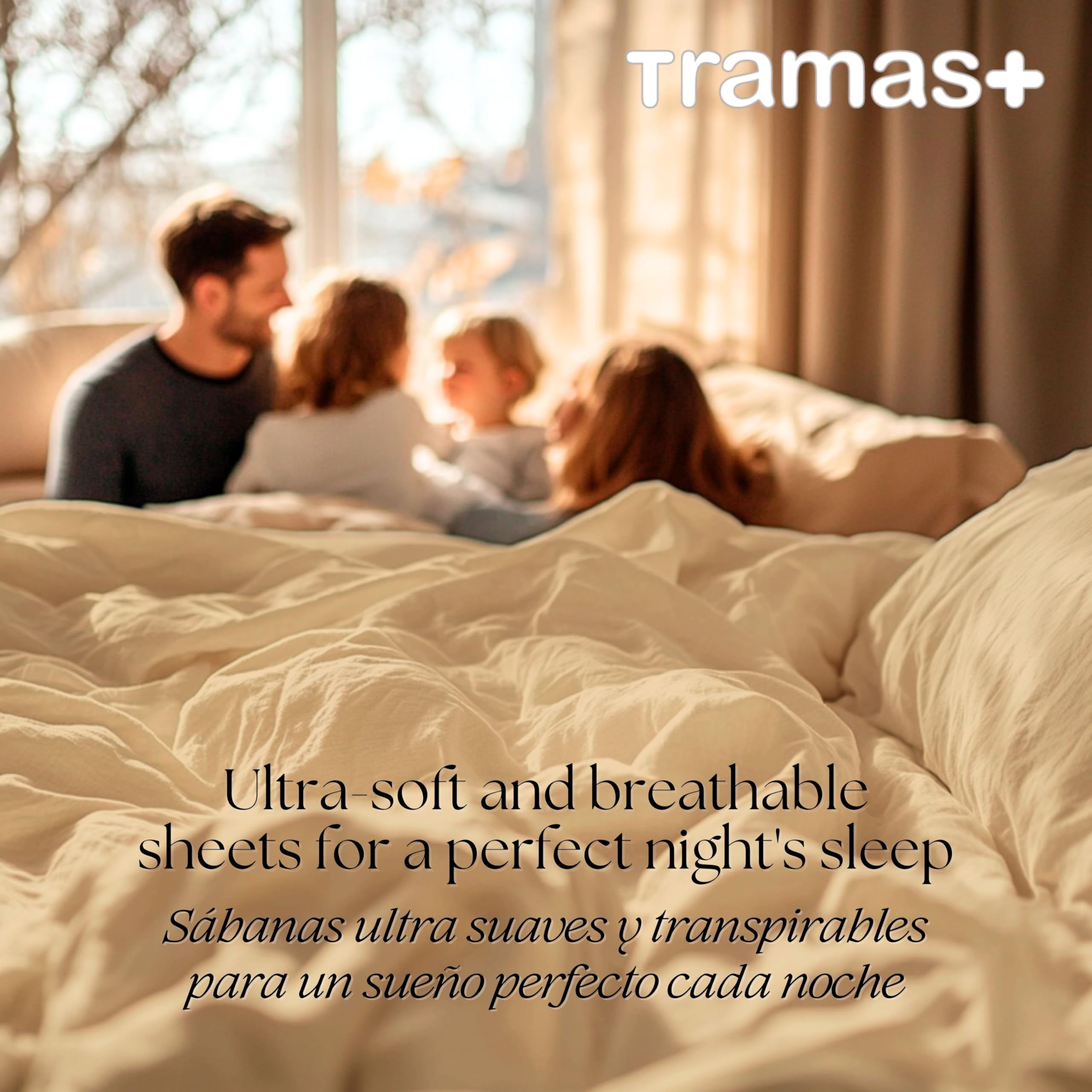 TRAMAS+ Parure de lit 100% Coton pour lit 160x190/200 cm, 4 pièces, Drap-Housse, Drap Plat et 2 taies d'oreiller 90x45 cm, Douce, Respirante et certifiée Oeko-TEX, Sable