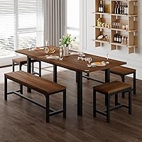 Feonase 5-Piece Extendable Dining Table Set for 4-8, 63" Walnut Kitchen Table with 2 Benches & 2 Stools, Mid-Century Modern Space-Saving