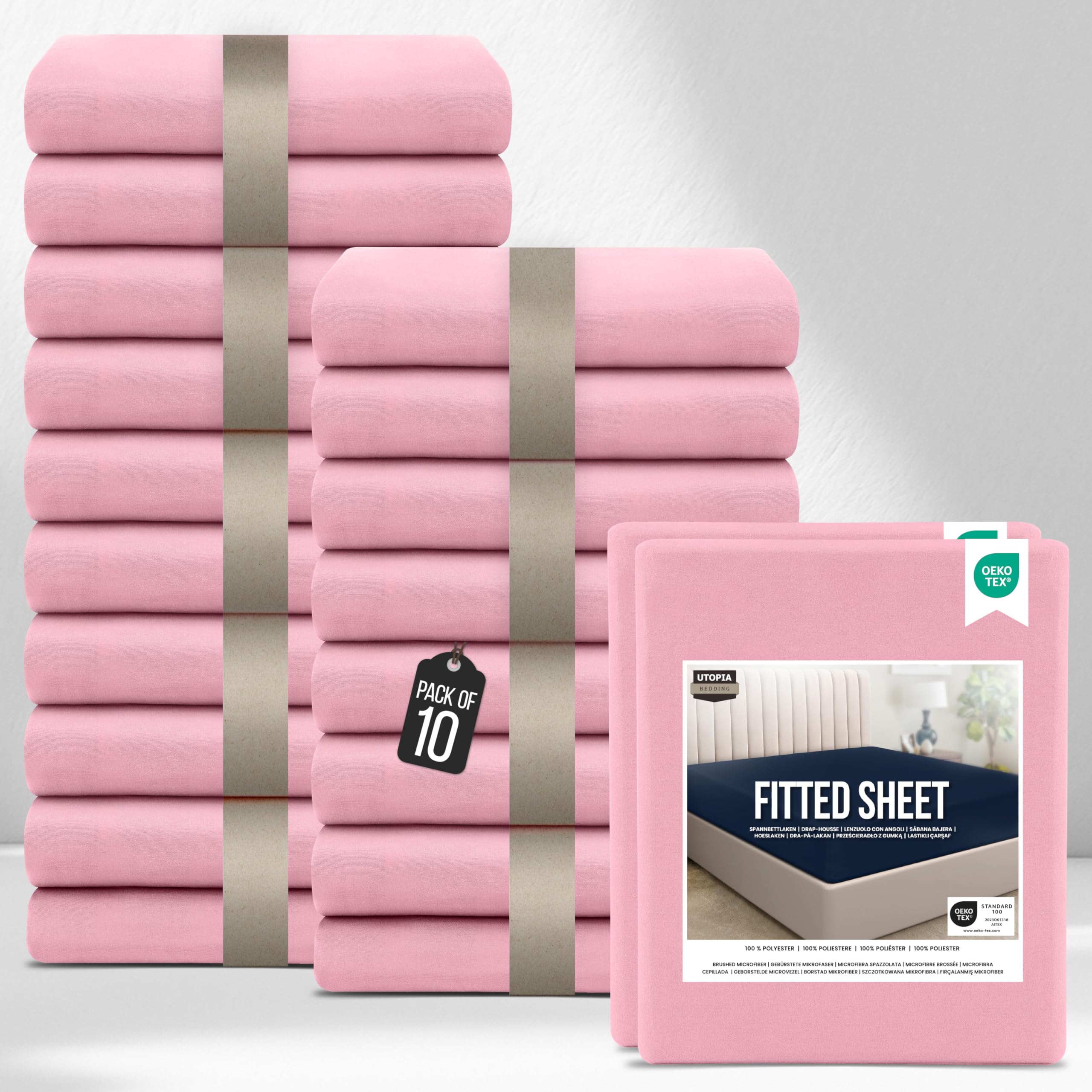 Utopia Bedding Fitted Sheet Single (Bulk 10 x 2 Pack), Pink - Deep Pocket 14 inch (35 cm) - Easy Care - Soft Brushed Microfibre Fabric - Shrinkage and Fade Resistant - Bottom Sheet