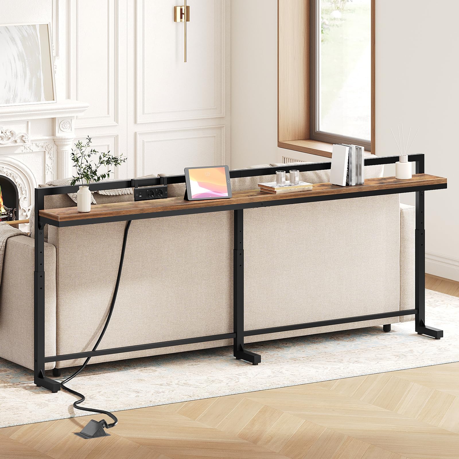 YATINEY 200 cm Konsolentisch mit Verstellbarer Höhe (70–90 cm), Langer schmaler Flurtisch mit verschiebbarer Steckdosenleiste (2AC, 1USB-A, 1USB-C), Langer Eingangstisch für Wohnzimmer, XCT22CBR
