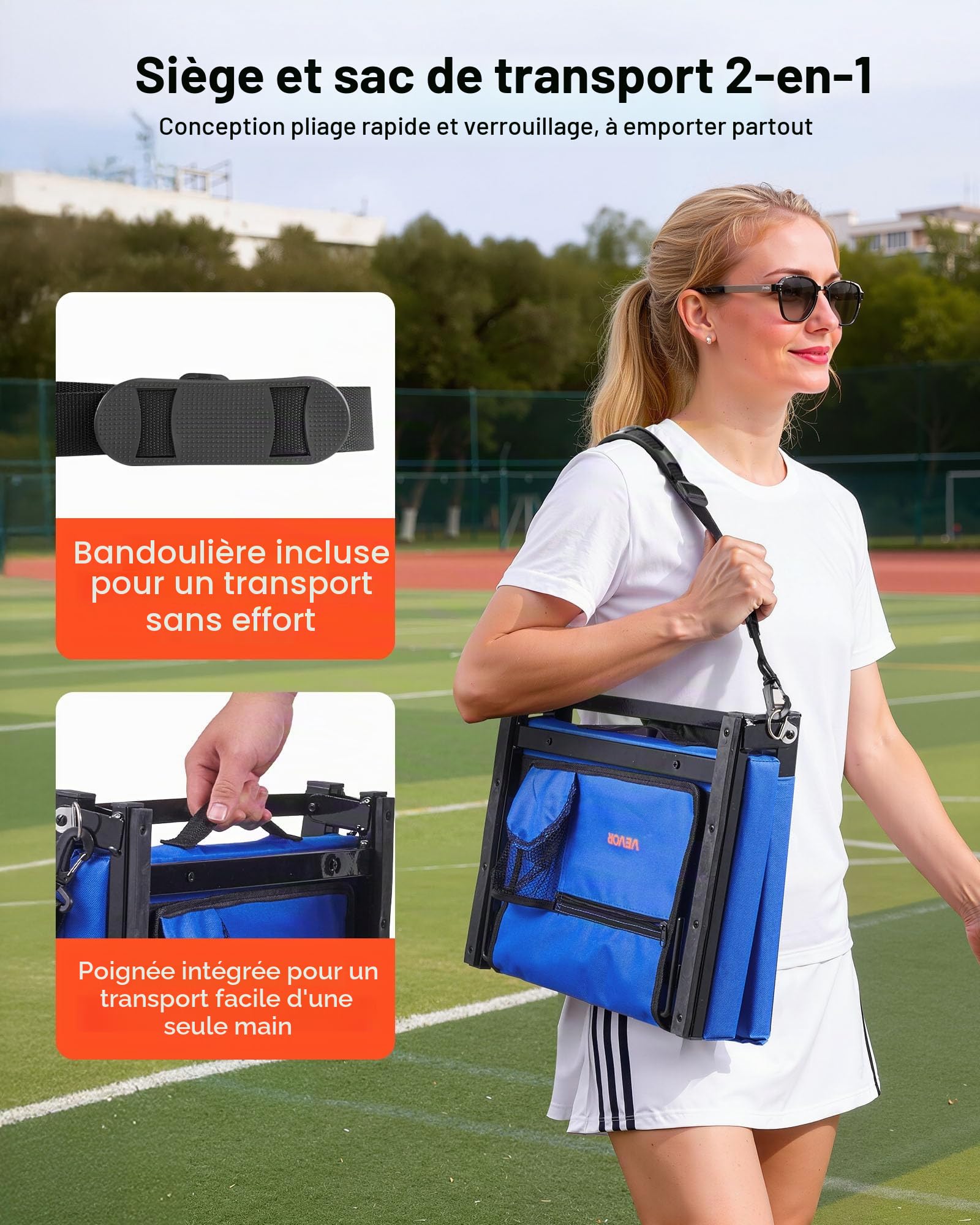 VEVOR Siège de stade pliable, 2 pcs, chaise de gradin avec dossier et coussin épais, chaise de stade rembourré avec bandoulière, crochets, porte-gobelet et poche latérale, pour événement sportif, bleu