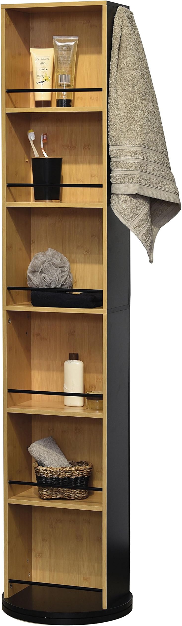 Pivoting Bathroom Storage Unit- 6 Shelves + 2 Mirrors + 2 Hooks- Vintage Style- Bamboo- Colour Black and Wood