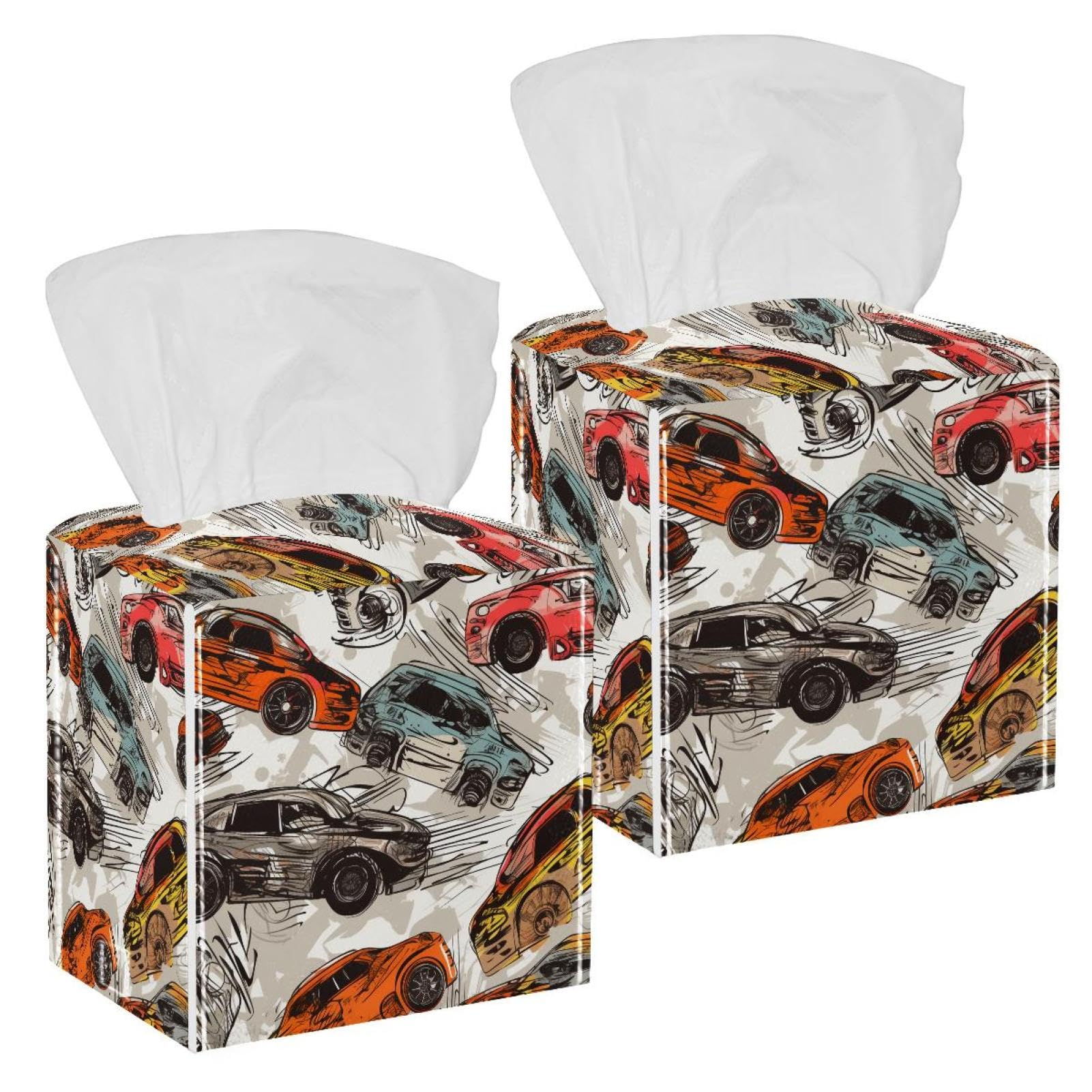 Racing Car Doddle Tissue Box Cover, 2 Pack PU Leather Square Facial Tissue Dispenser Box holder for Home Office Car