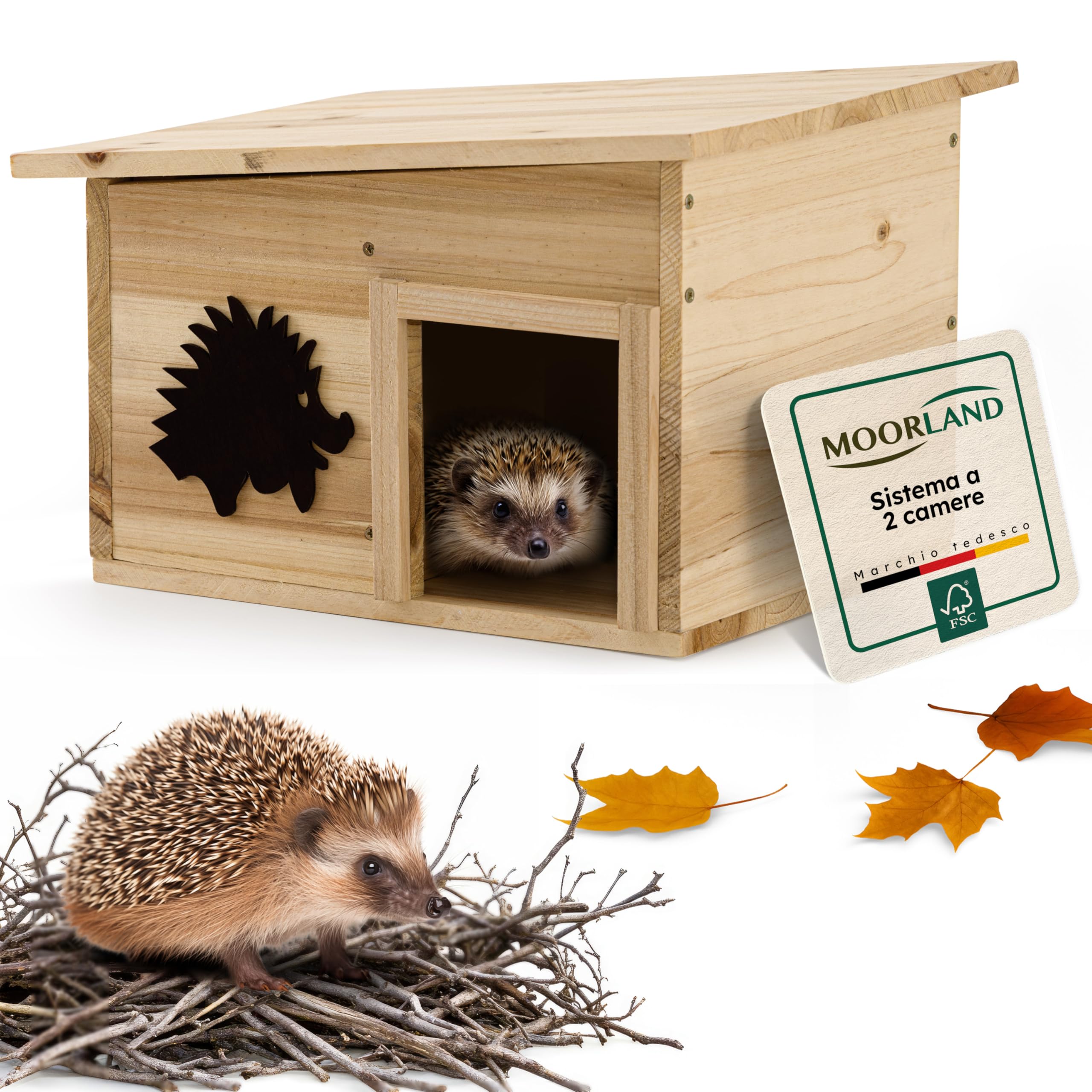 Moorland Casetta per ricci rifugio invernale in legno FSC® per esterni base | 32x26cm fissa sistema a 2 camere con divisorio tetto removibile resistente al clima dormitorio fondo inverno riparo IH7