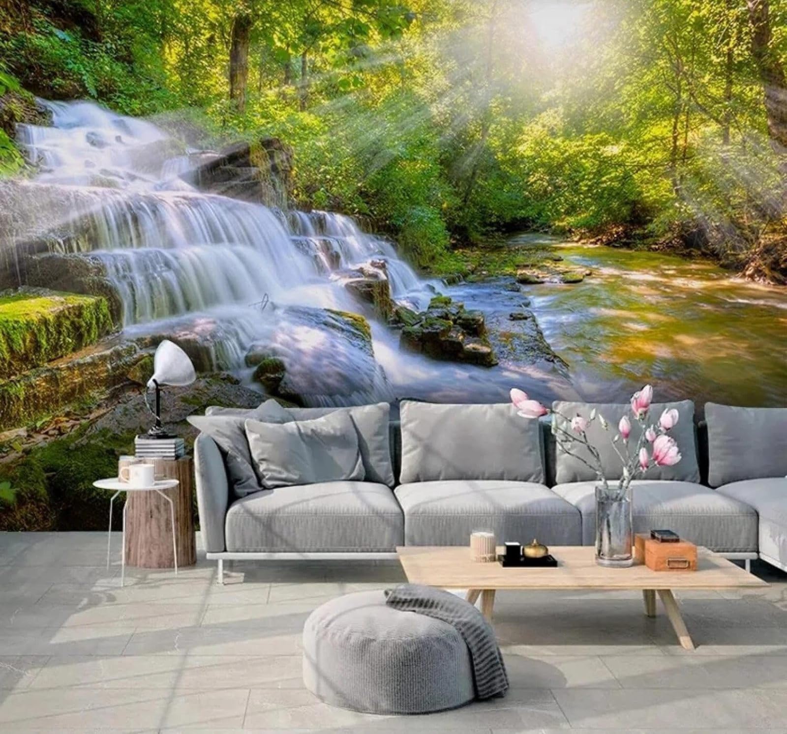 XLMING Sunlight Greenery Forest Waterfall Natural Landscape 3D Wallpaper Silky Texture Home Study Office Grey Dining Room Sofa Bedroom Living Room TV Backdrop-150cm×105cm