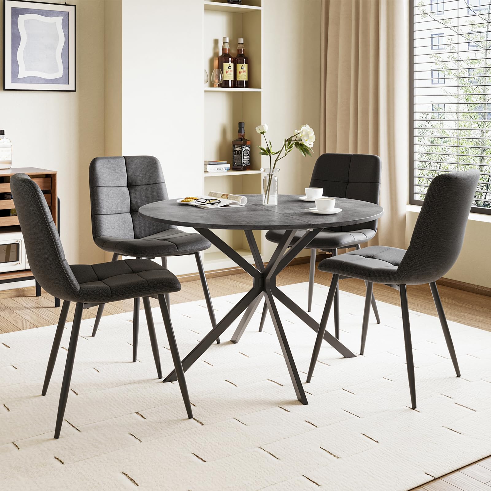 Luxstein Round Dining Table and Chairs Set 4, 100cm Concrete Effect Folding Table with 4 Black Upholstered Linen Chairs for Dining Room, Kitchen โ image 1