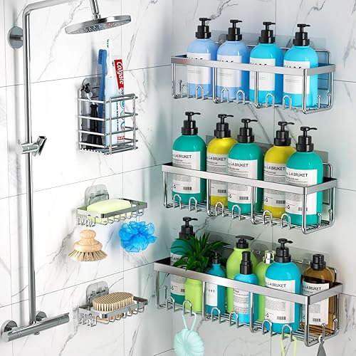 PLOOHT Shower Caddy 6 Pack, 13in Large Capacity Shower Organizer, Sturdy Adhesive Shower Shelf for Inside Shower, Rustproof Stainless Steel Shower Shelves with 10 Hooks, Silver