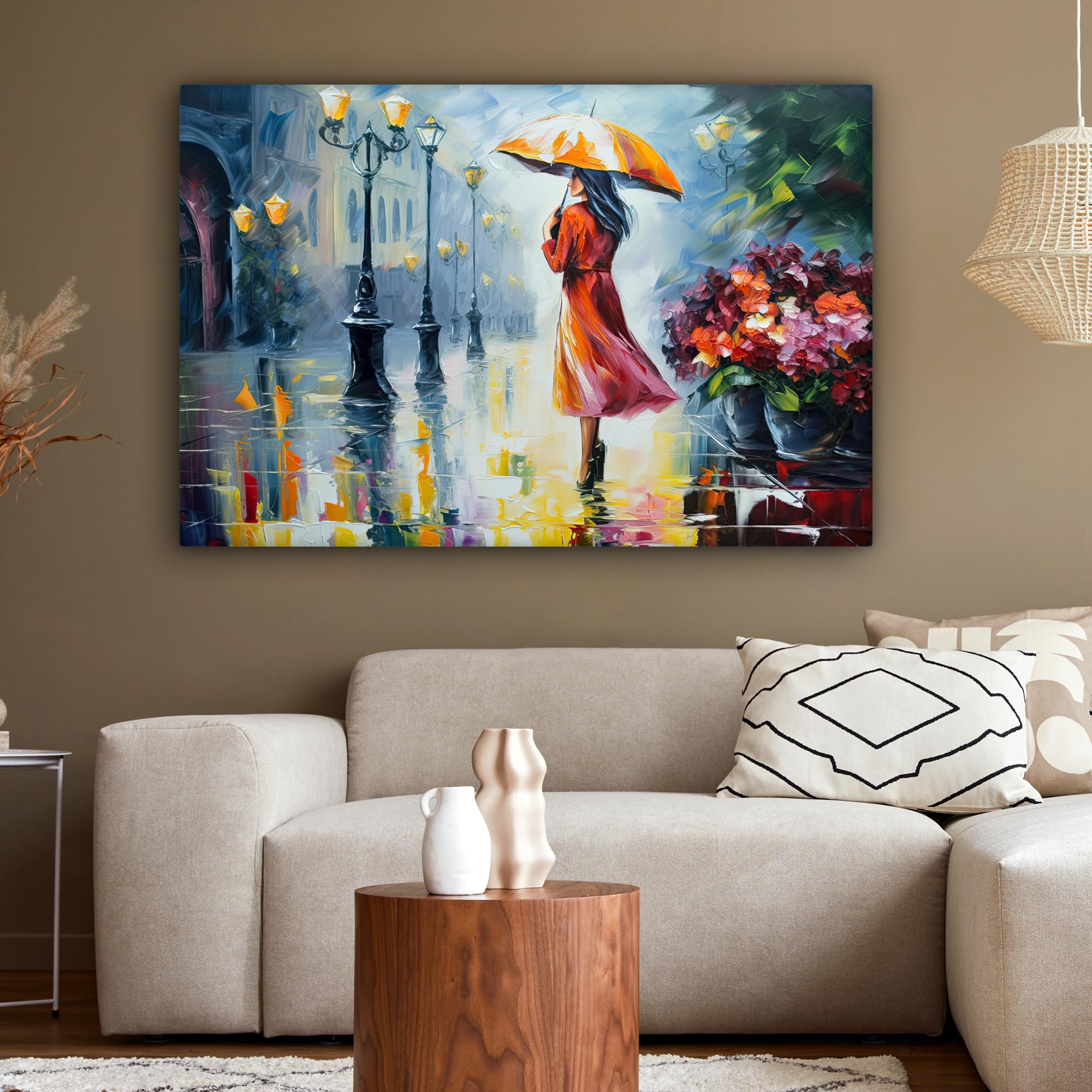 Quadro Su Tela Donna In Rosso Con Ombrello – Stampa Moderna Vintage 80x120 Cm, Senza Cornice