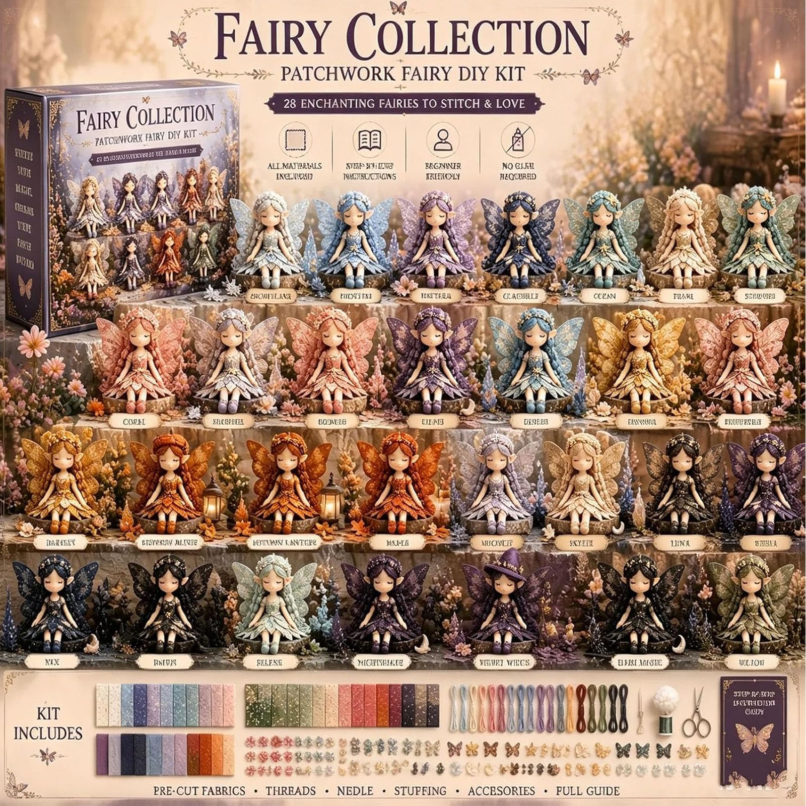 HYPYXUS Collezione fai da te patchwork di fate, divertente kit da cucito patchwork di fate, crea 4 bambole di stoffa da elfo alato per principianti, regalo per gli amanti dell'artigianato (7pcs)