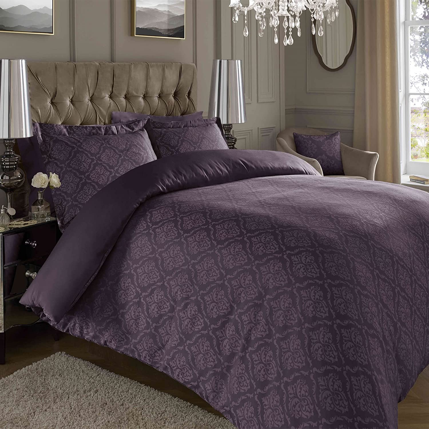 ED Luxury 600 Thread Count Jacquard Duvet Cover 3 Piece Set Super Soft Cotton Rich & Warm Bedding Damask Pattern Quilt Cover (Double, Plum Damask)