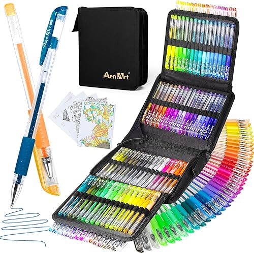 Bolígrafos de gel con purpurina con estuche para libros de colorear para adultos, juego de 100 colores con purpurina con un 30% más de tinta de neón