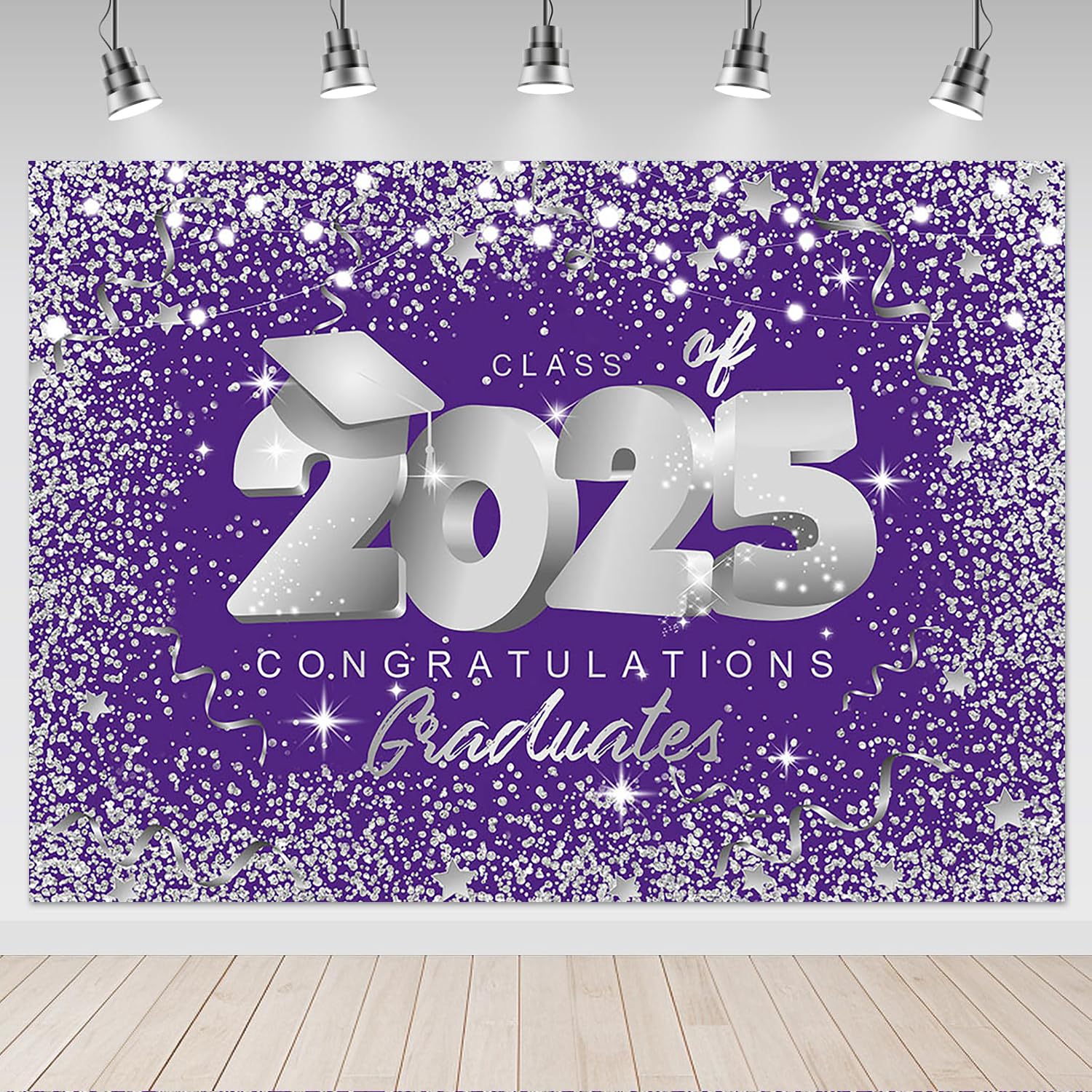 Mocsicka Class of 2025 Backdrop 7x5ft GraduationPurple and Silver Congrats Grad Party Photo Backdrops Graduate Party Decorations Photography Studio Background