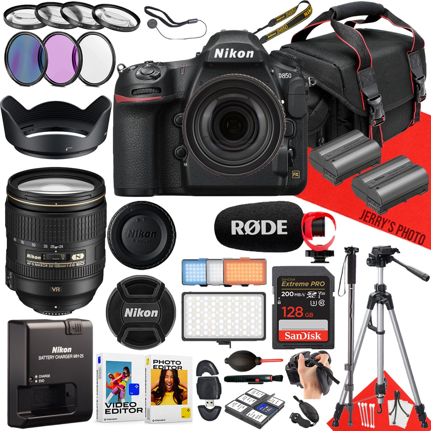 Nikon D850 DSLR Camera with AF-S 24-120mm f/4G ED VR Lens + 128 GB Memory + RODE Microphone + LED Light + Monopod + Filters + Tripod + More (35pc Bundle) (Renewed)