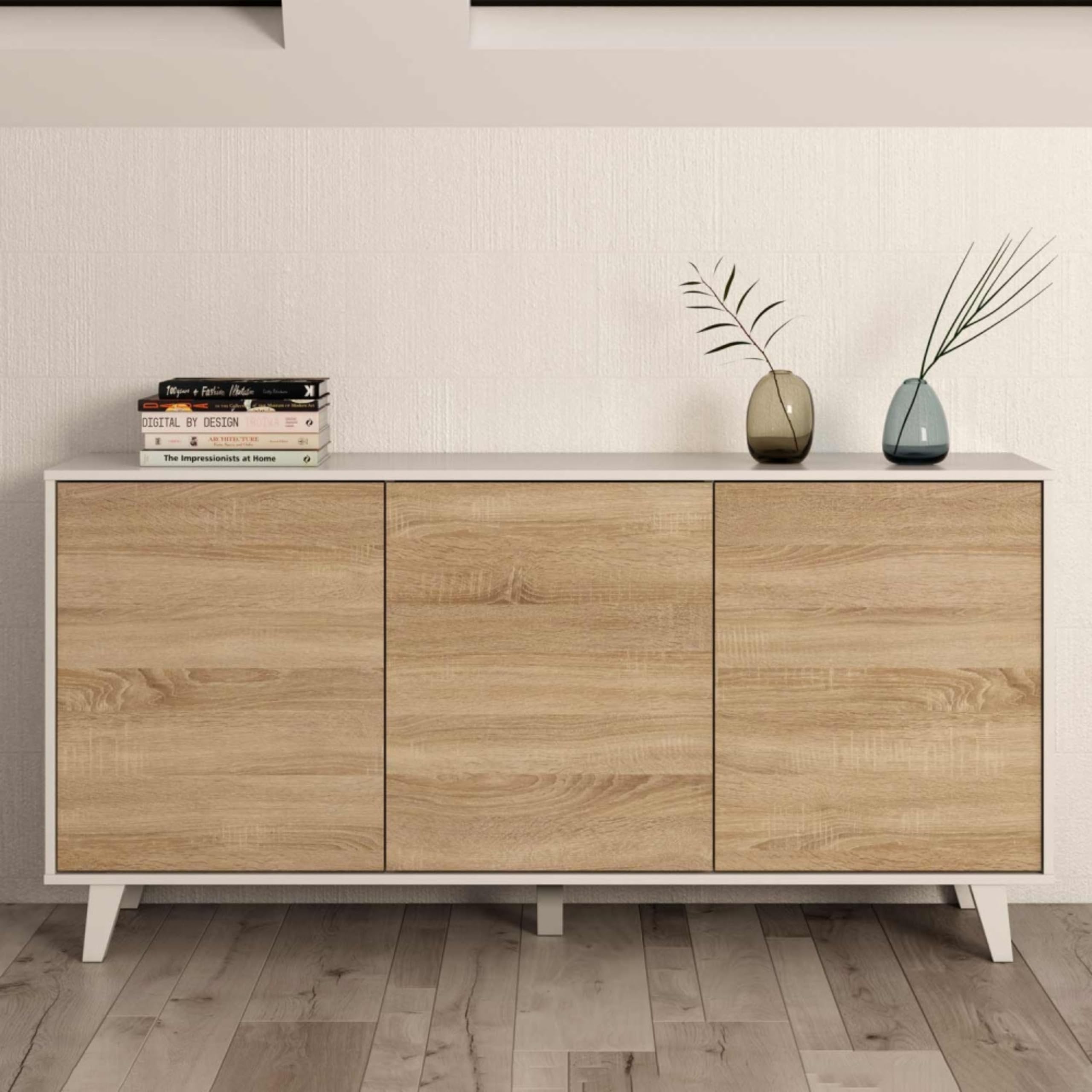 Habitdesign – Aparador Buffet 3 Puertas para Salón o Comedor, Aparador con Patas, Color Blanco Brillo y Roble Canadian, 154x41x75 cm - Zaiken Plus
