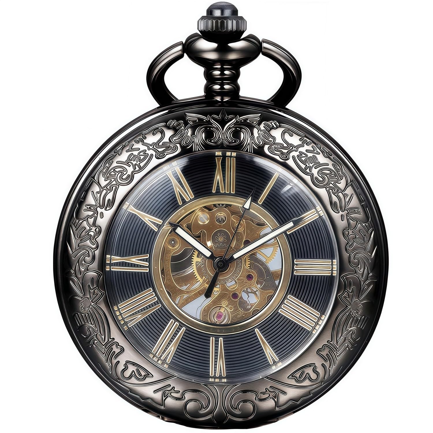 Mechanical Pocket Watch, for Men Women Special Magnifier Half Hunter Double Open Engraved Case Roman Numerals with Chain Black-image-4