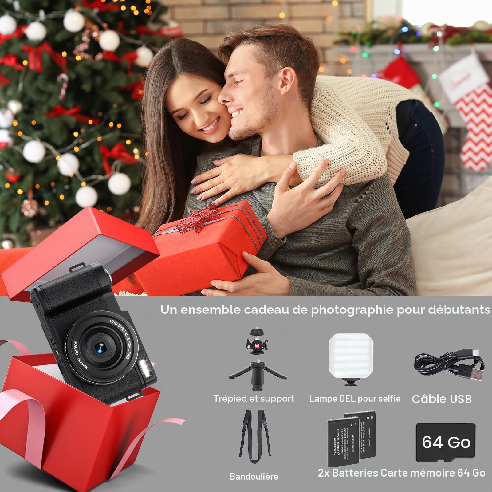 Appareil Photo numérique 5K avec WiFi pour la Photographie, caméra de vlogging 64MP avec écran Rabattable pour Youtube, Comprend Une Carte SD de 64 Go, Un trépied, Une lumière Selfie et 2 Piles