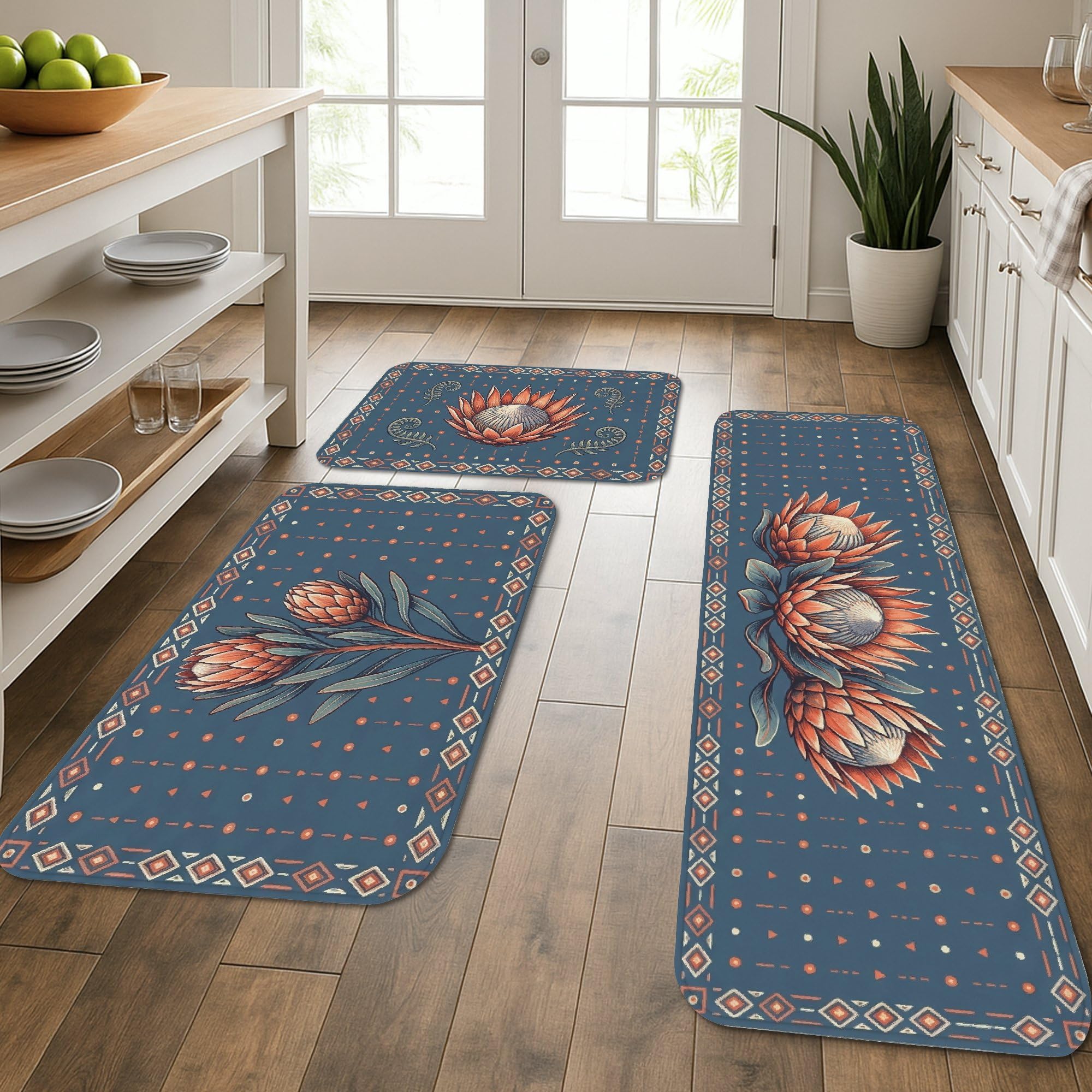 Tapetes de cocina acolchados contra el cansancio, alfombras florales lavables de 3 piezas