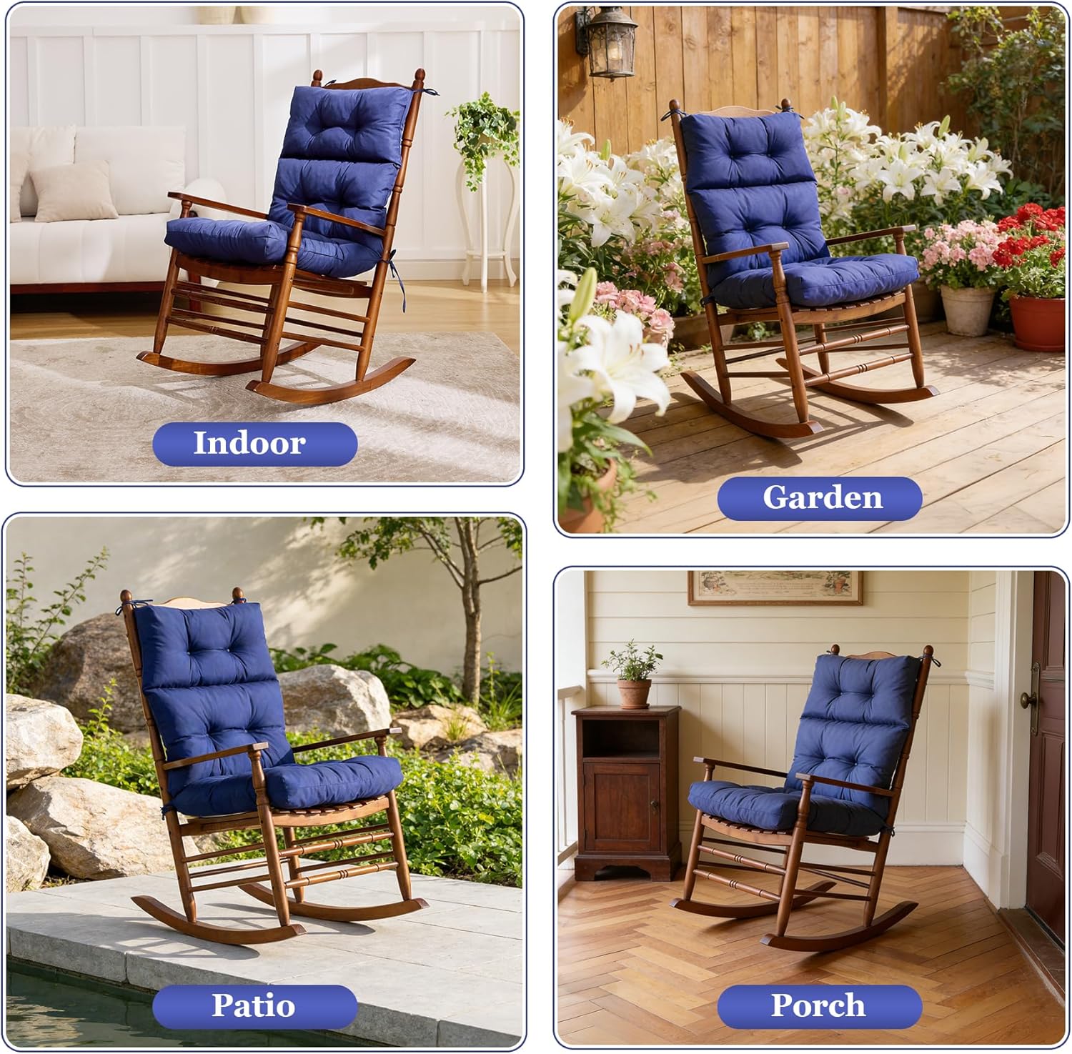 Rocking Chair Cushion, Waterproof and Fade-Resistant Adirondack Rocker Cushions, Indoor/Outdoor Rocking Chair Pads, High Back Memory Foam Patio Furniture Cushions with Ties, 44x23x4 Inch, Navy Blue
