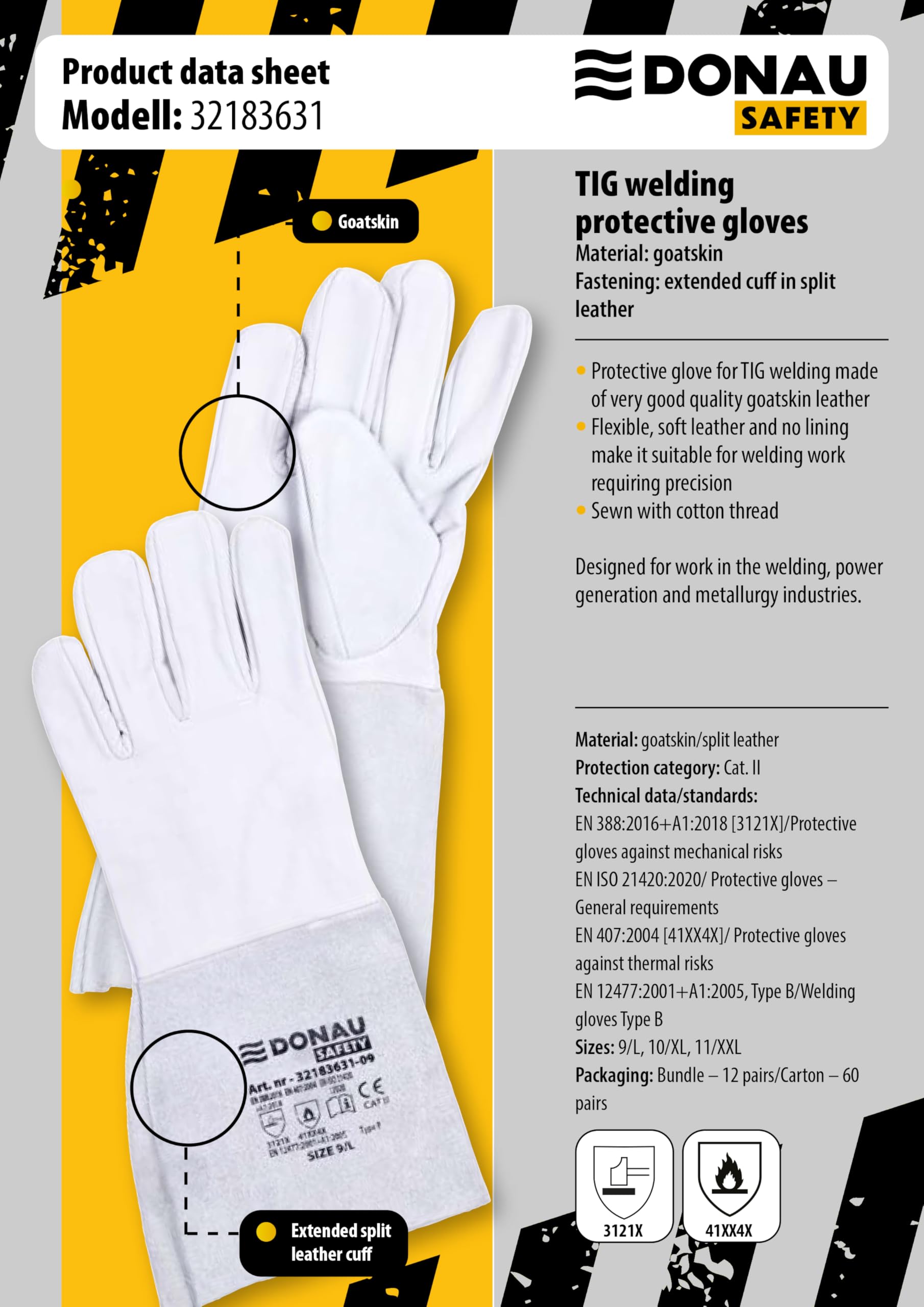 DONAU SAFETY Guante de soldador de piel de cabra para soldadura TIG/talla 9, 1 par/tacto suave, muy suave y cómodo/guantes de trabajo de cuero/guantes de protección