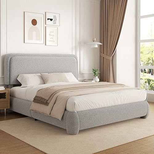 Miniatura 20 de Base de cama de tamaño Queen con plataforma de bouclé, base de cama tapizada tipo nube con cabecera ajustable, esquinas redondeadas anticolisión, no