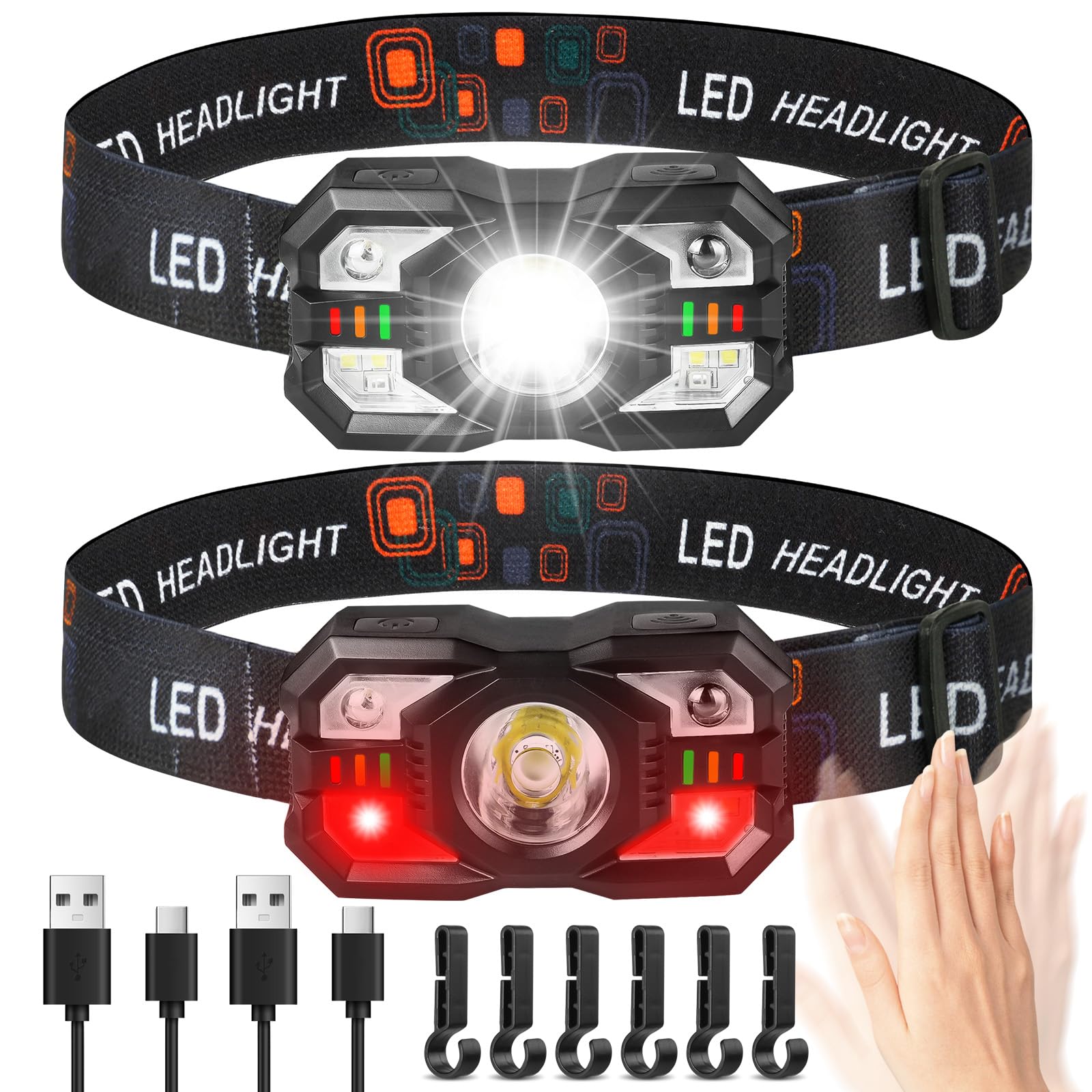 Adiwo 2PCS LED Rechargeable Headlamp, Super Bright Sensor with 6 Light Modes, IPX4 Waterproof LED Headlamp, Perfect for Jogging, Camping, Fishing