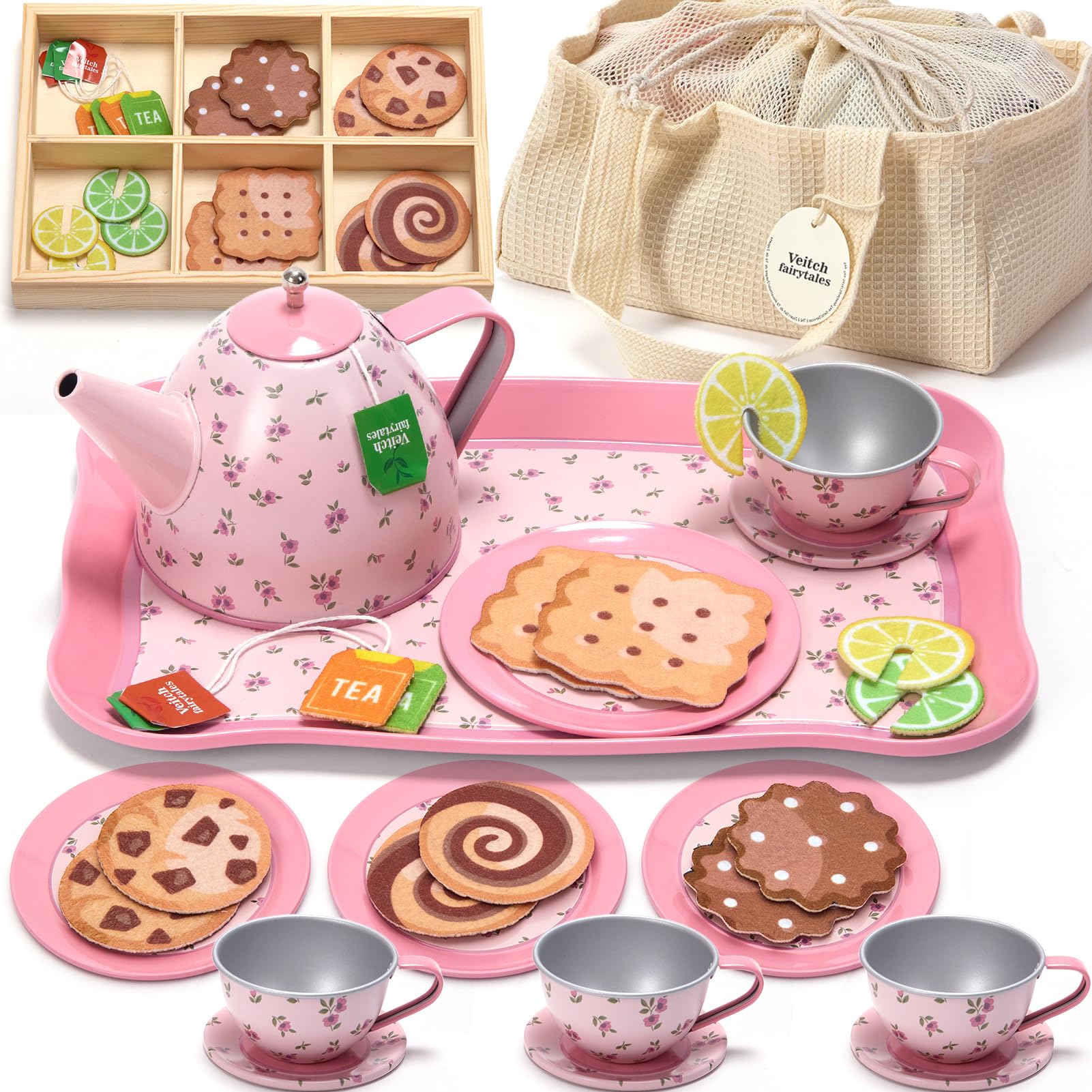 Veitch fairytales Kids Tea Party Set for Little Girl, Tea Sets for Toddler Pretend Play Food Kitchen Toy Accessories Gift for 3 4 5 6 Years Old Girls Boys (Pink) — image 1