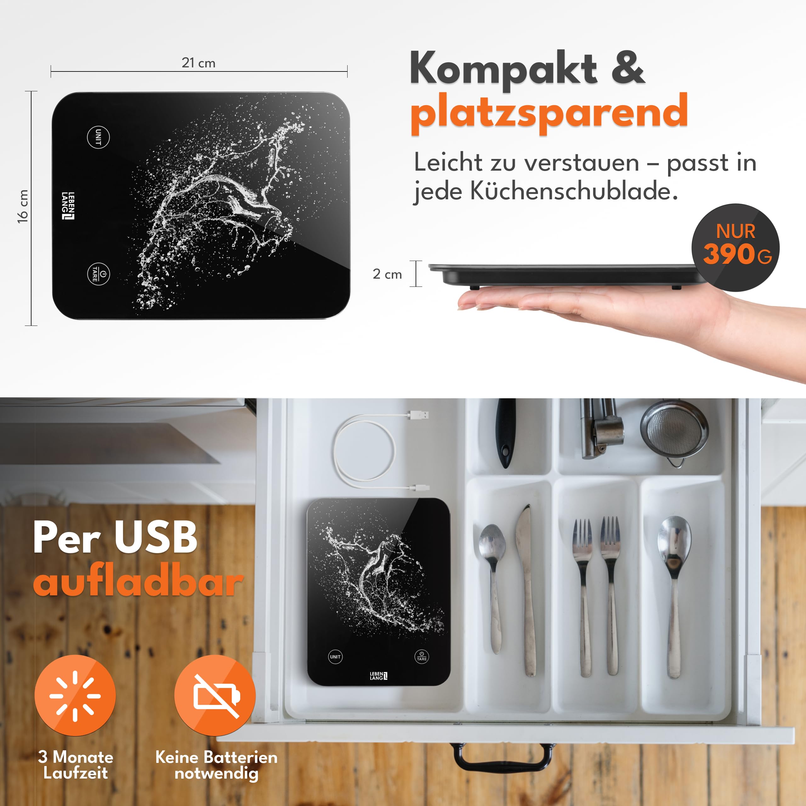 LEBENLANG Digitale Waage Küchenwaage Wasserdicht - USB Aufladbar & Inkl. Ladekabel I Bis 10 Kg I Waage Küchenwage für Food & Kitchen Scale I Elektronische Kuchenwagee Digitalwaage Küchenzubehör