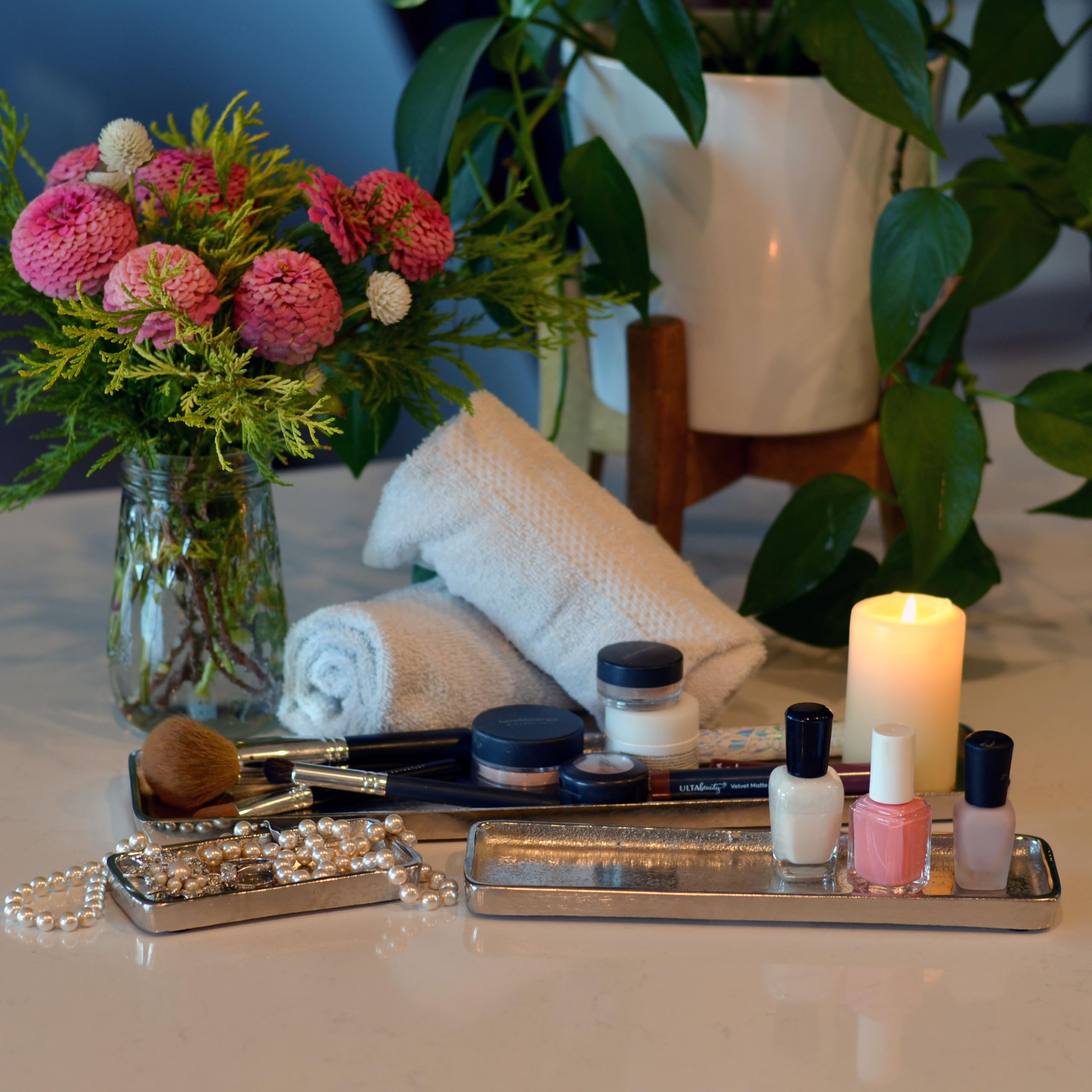 Grand Hotel Silver Vanity Tank Trays, Set of 3, Hand Cast Aluminum, Rectangle, 15, 9 and 5 Inches