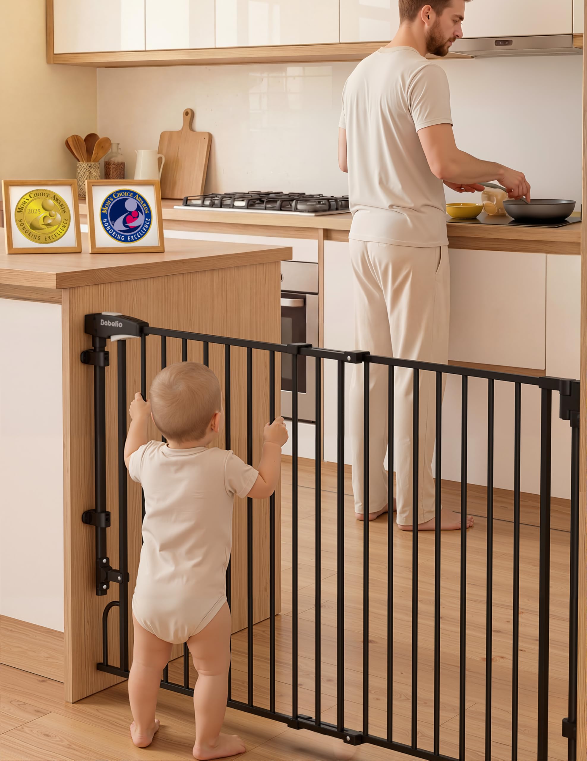 Babelio Cancello per cani e bambini da 90,2 a 139,7 cm, senza barra inferiore, per scale e porte, facile da rimuovere e installare, funzione di chiusura automatica, porta passerella extra larga