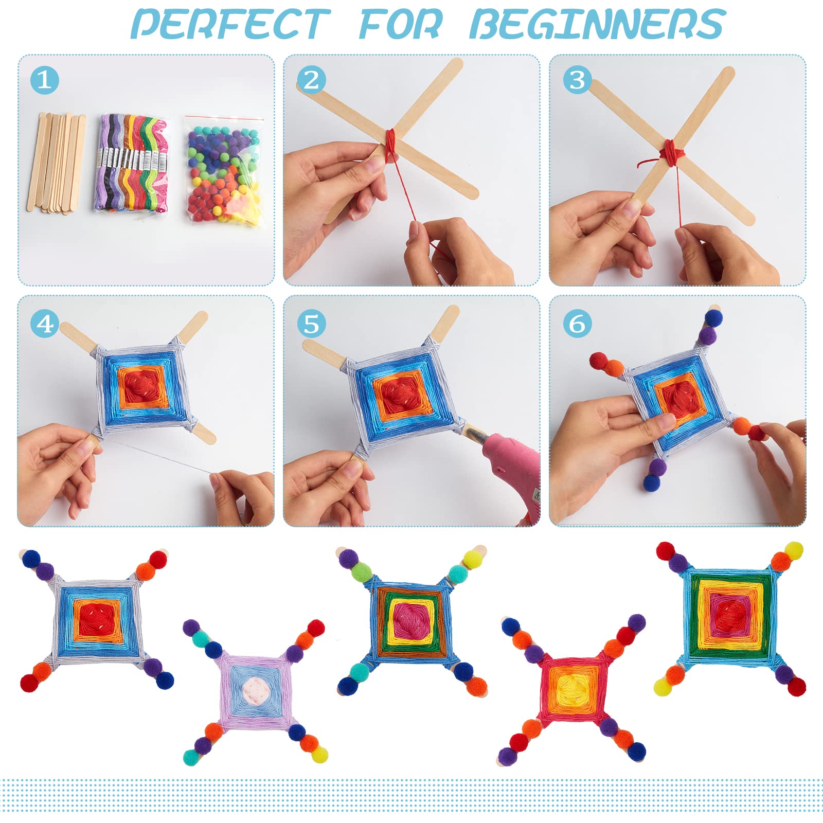 WEBEEDY God's Eye Craft Kit - 10 Set Yarn Wrapping Kit | DIY Crochet Beginner Craft