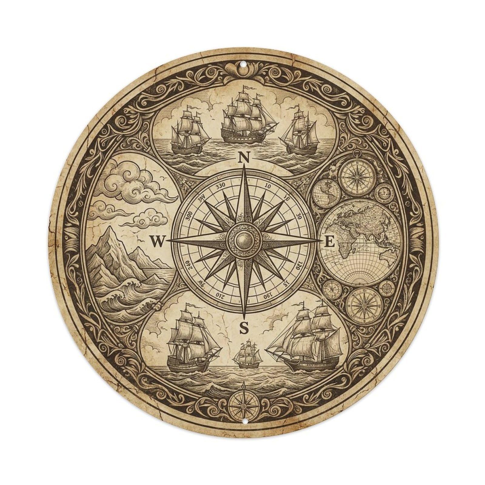 Vintage Nautical Compass World Map Ramble Path Metal Tin Sign