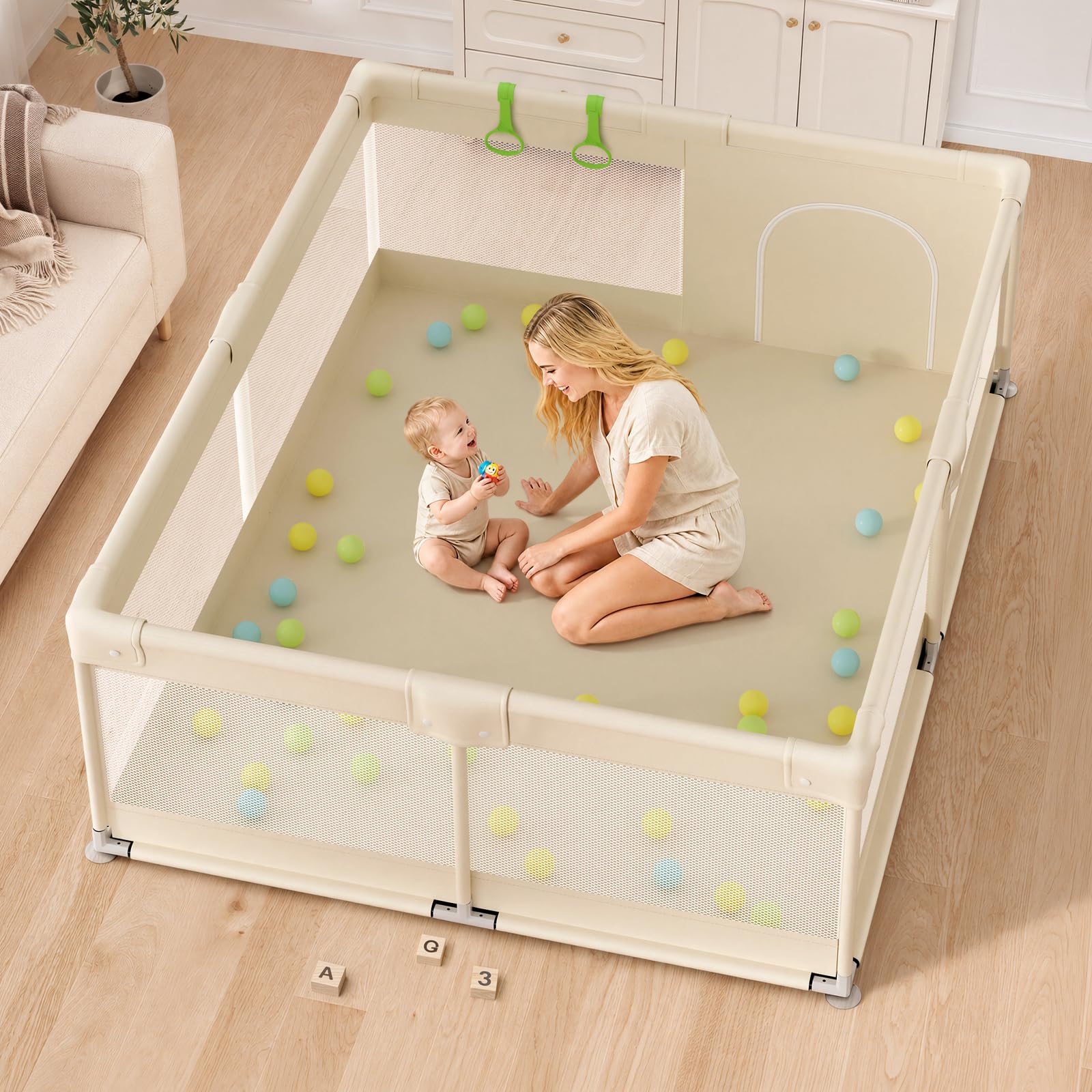 Photo 1 of Uanlauo Beige Large Baby Playpen - 69x59in Playpen for Babies and Toddlers, Safe Indoor Play Pen, Baby Pen with Storage Bag and Breathable Mesh