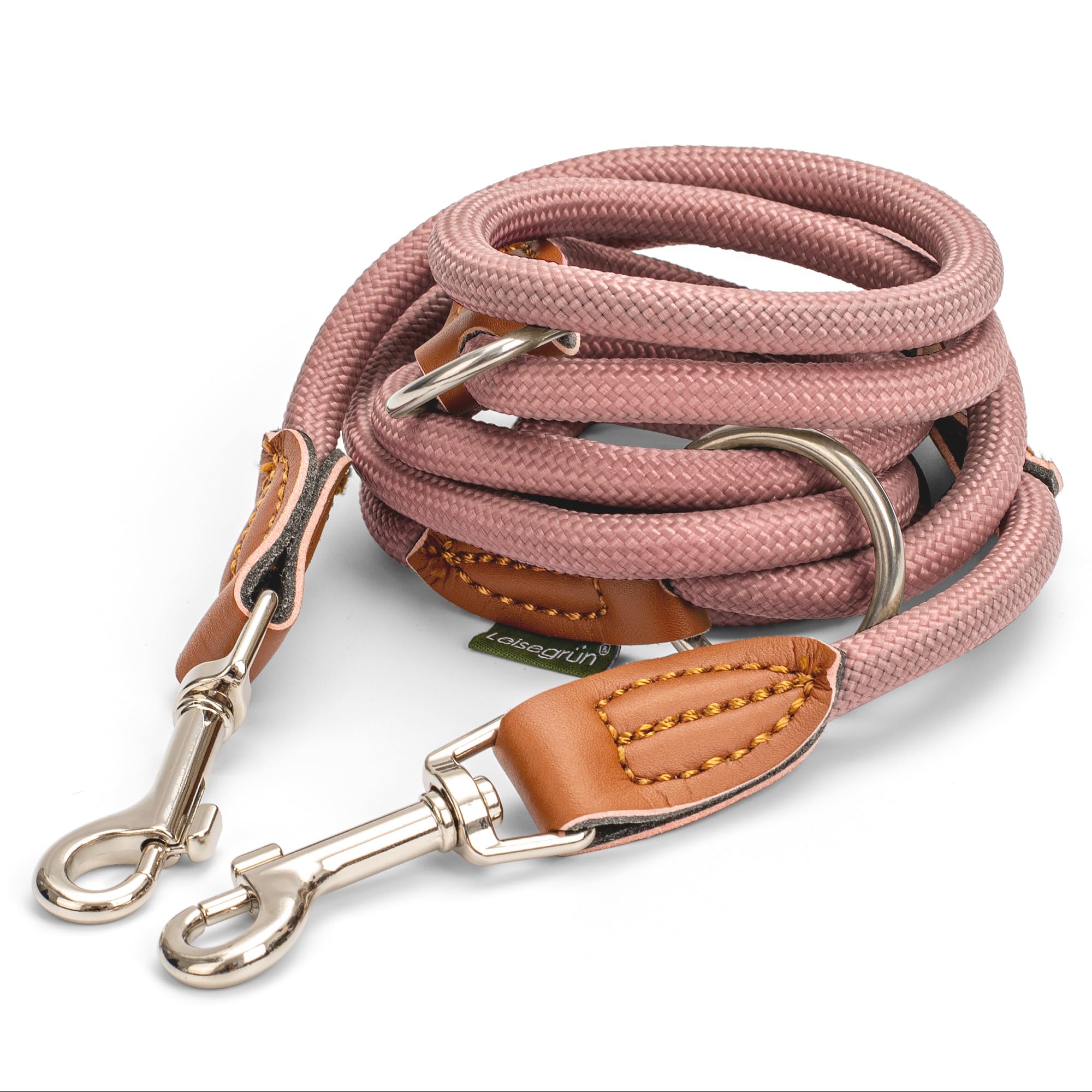 Leisegrün Hundeleine für kleine Hunde | 2 Meter | 3fach verstellbar | Nur 160 g leicht | Führleine 2m | Altrosa