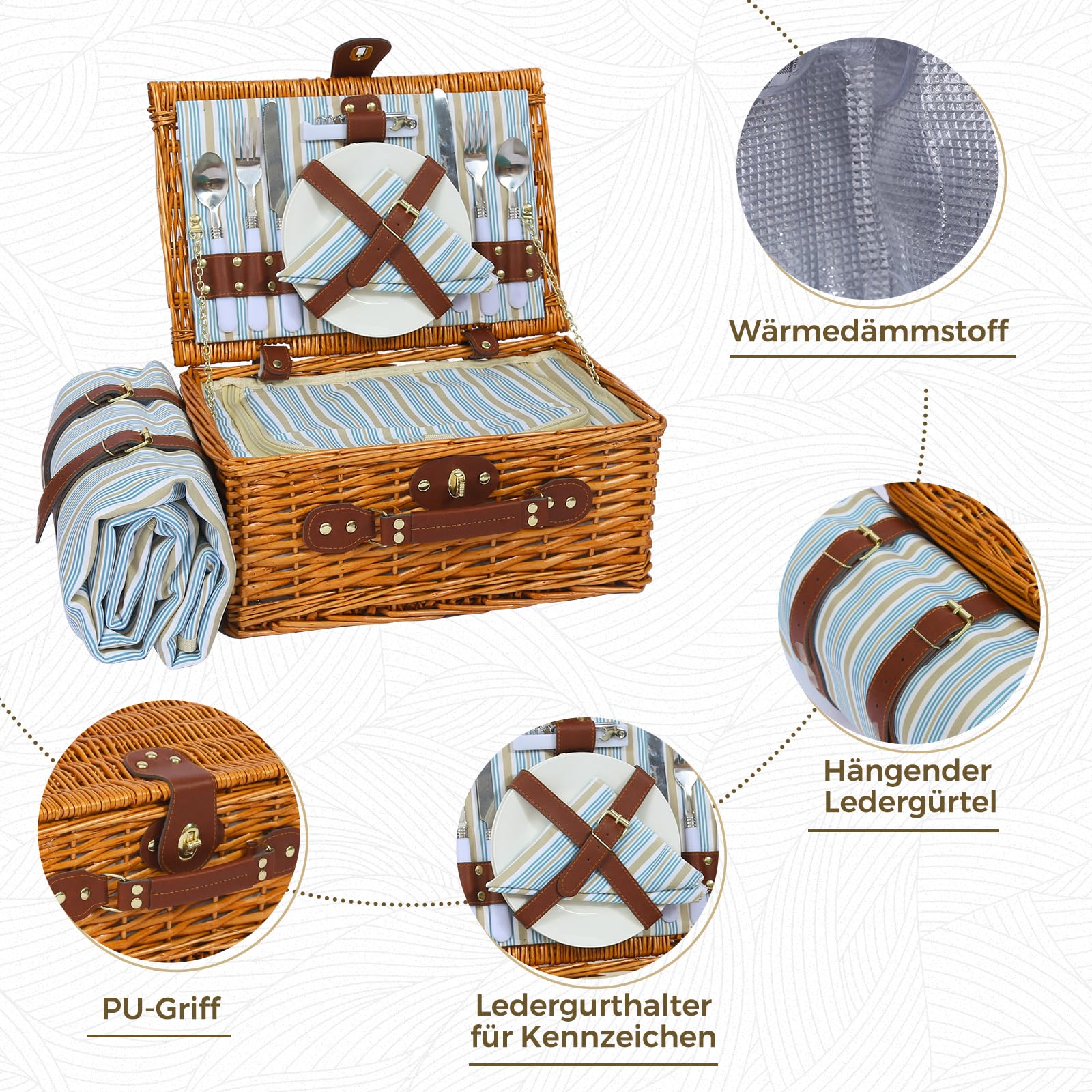 Picknickkorb Set für 2 Person mit Kühlfach und wasserdichte Picknickdecke, Abnehmbarer Riemen, Weinbeutel, Besteck Set, für Camping, Strand, Wandern, BBQ und Familie/Paare Geschenke, Zubehör