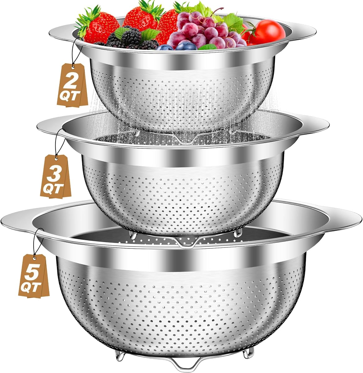 Colander, Stainless Steel Colander for Kitchen, 3Pcs Kitchen Gadget Food Strainer Basket with Handle, Kitchen Strainer Colanders Bowl for Pasta Noodles Spaghetti Vegetables Fruit (2QT, 3QT, 5QT)