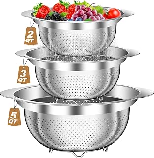 Colander, Stainless Steel Colander for Kitchen, 3Pcs Kitchen Gadget Food Strainer Basket with Handle, Kitchen Strainer Colanders Bowl for Pasta Noodles Spaghetti Vegetables Fruit (2QT, 3QT, 5QT)