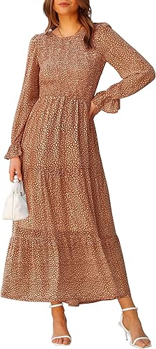 BTFBM Vestidos de mujer casual de manga larga con cuello redondo para otoño, bohemios, de ajuste relajado, florales, fluidos, maxi, vestidos