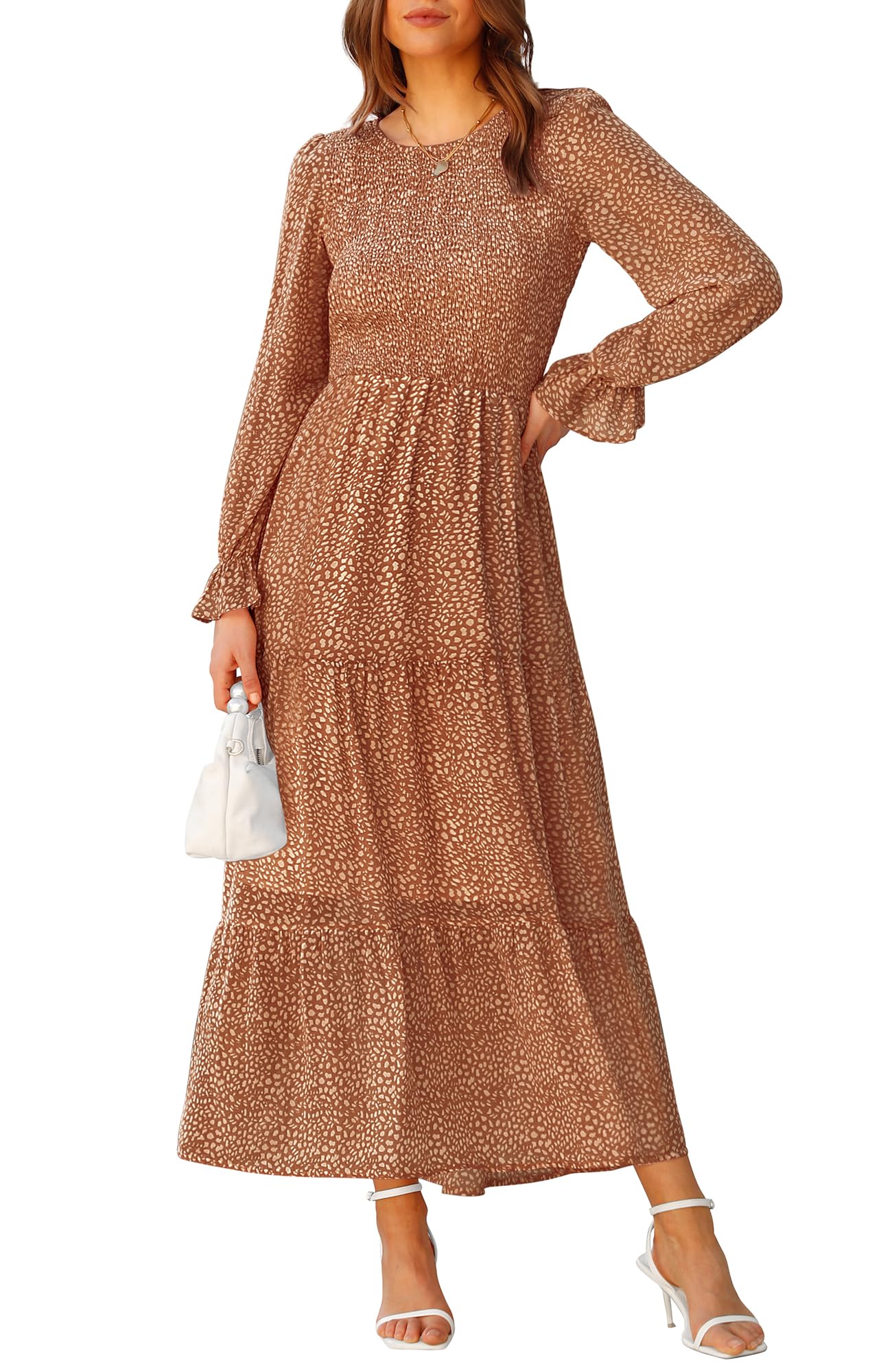 BTFBM Women Casual Long Sleeve Crew Neck Fall Dress Bohemian Relaxed Fit Floral Flowy Maxi Dresses Tiered Cocktail Dress
